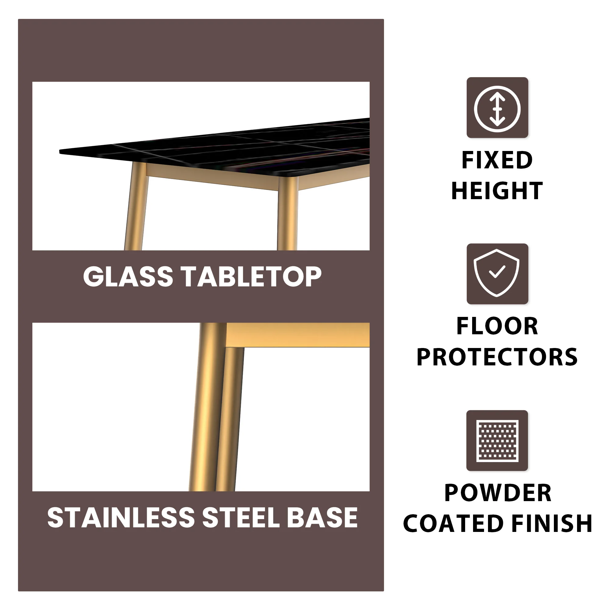 Zayle Series Modern Dining Table Brushed Gold Base, With 71 Black/Gold Sintered Stone Top