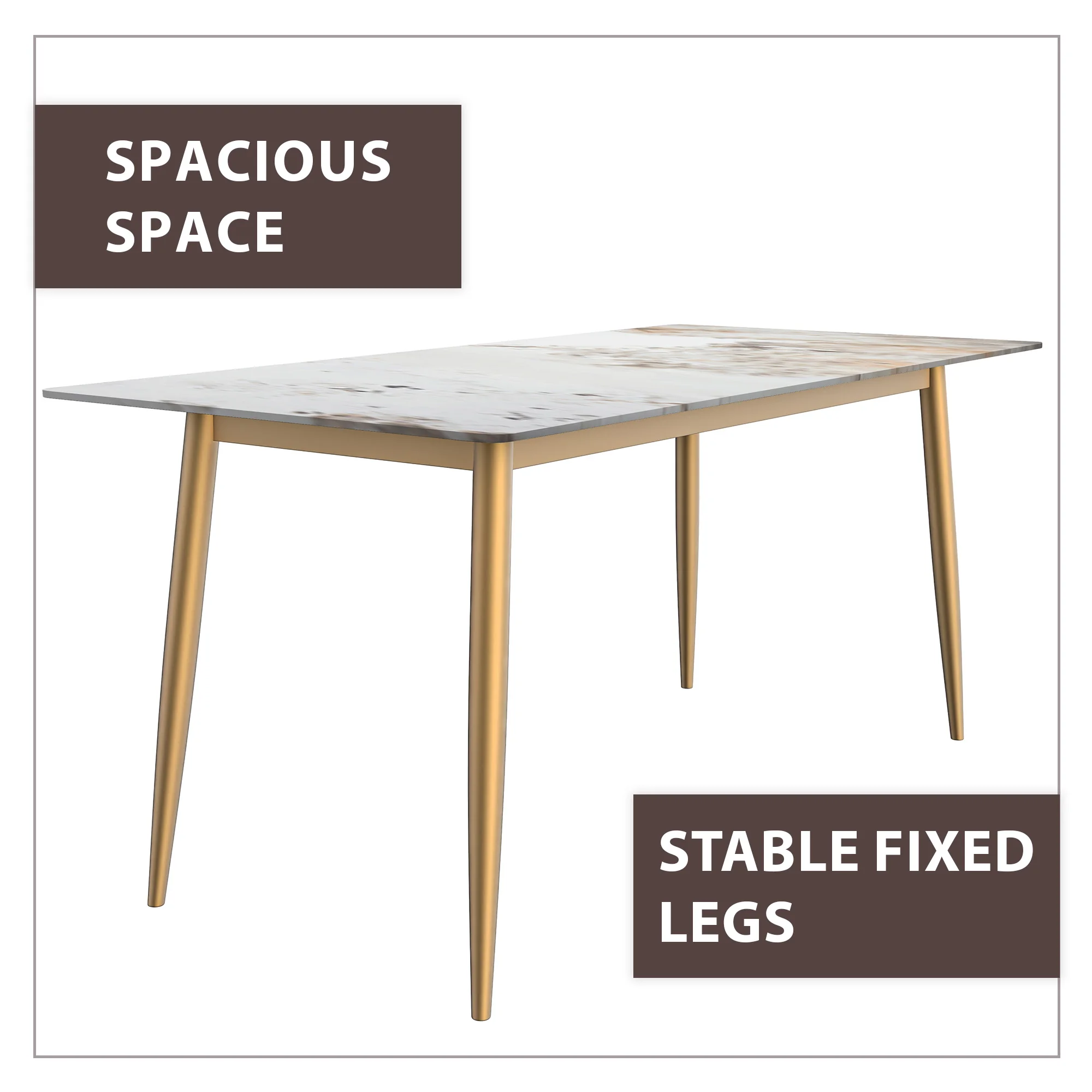 Zayle Series Modern Dining Table Brushed Gold Base, With 71 White Grey Sintered Stone Top