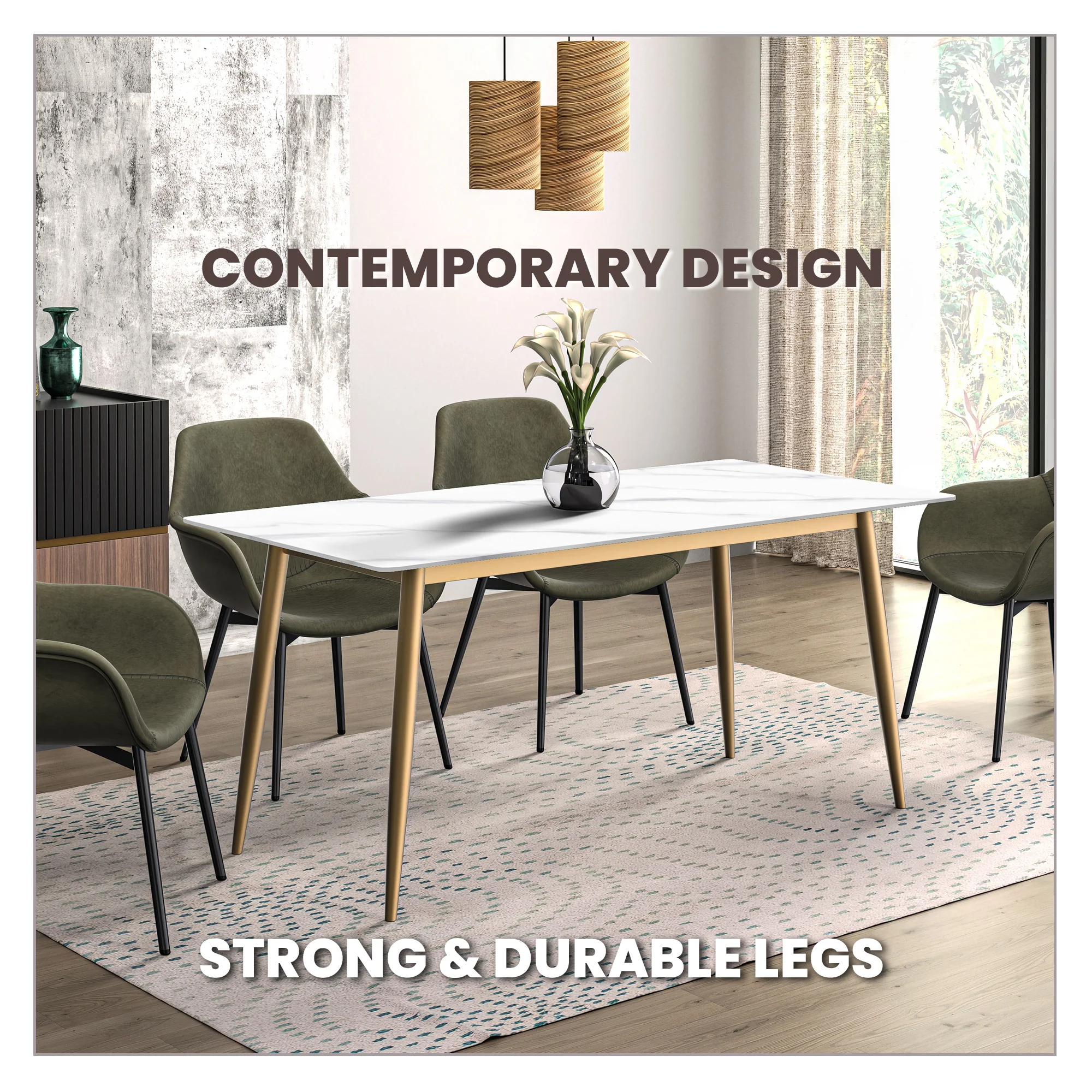 Zayle Series Modern Dining Table Brushed Gold Base, With 71 White Sintered Stone Top