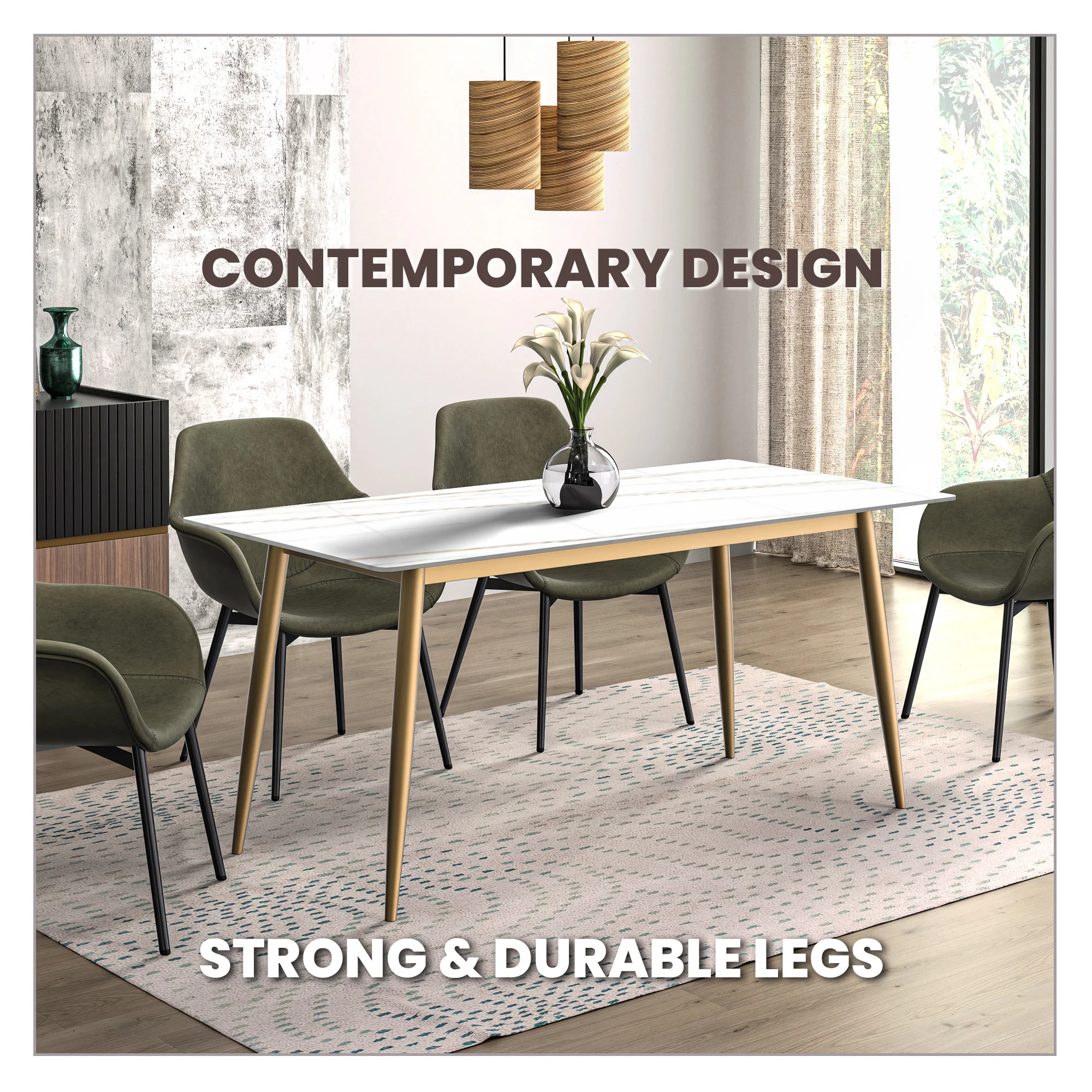 Zayle Series Modern Dining Table Brushed Gold Base, With 71 White/Gold Sintered Stone Top