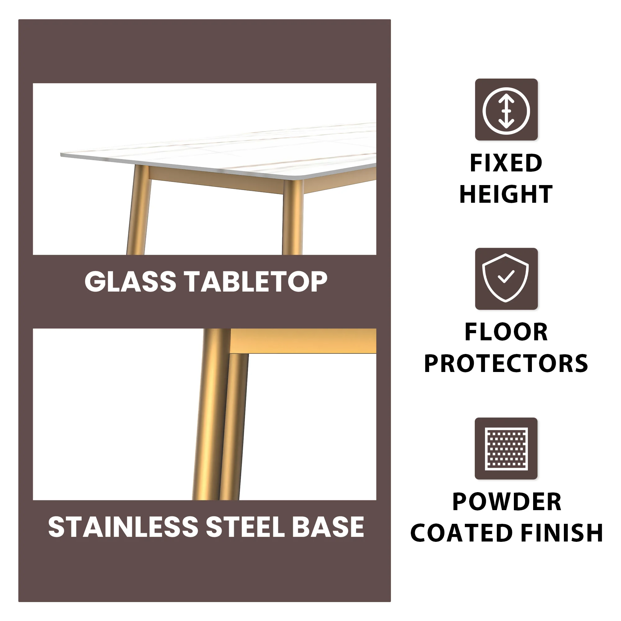 Zayle Series Modern Dining Table Brushed Gold Base, With 71 White/Gold Sintered Stone Top