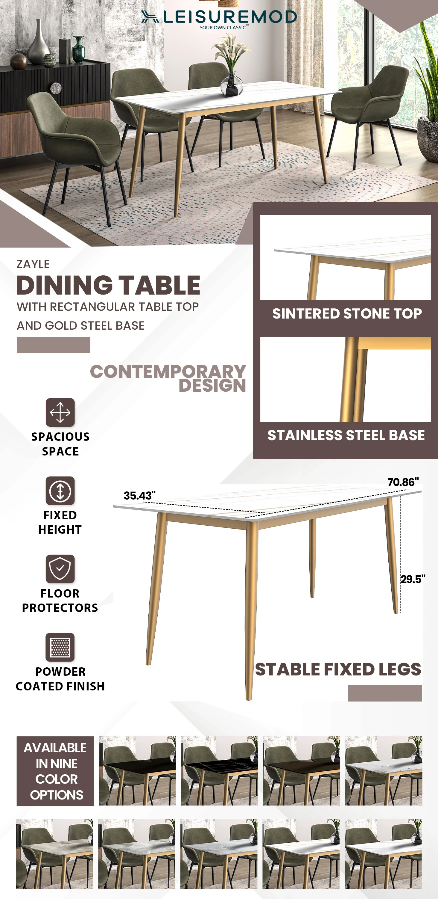 Zayle Series Modern Dining Table Brushed Gold Base, With 71 White/Gold Sintered Stone Top