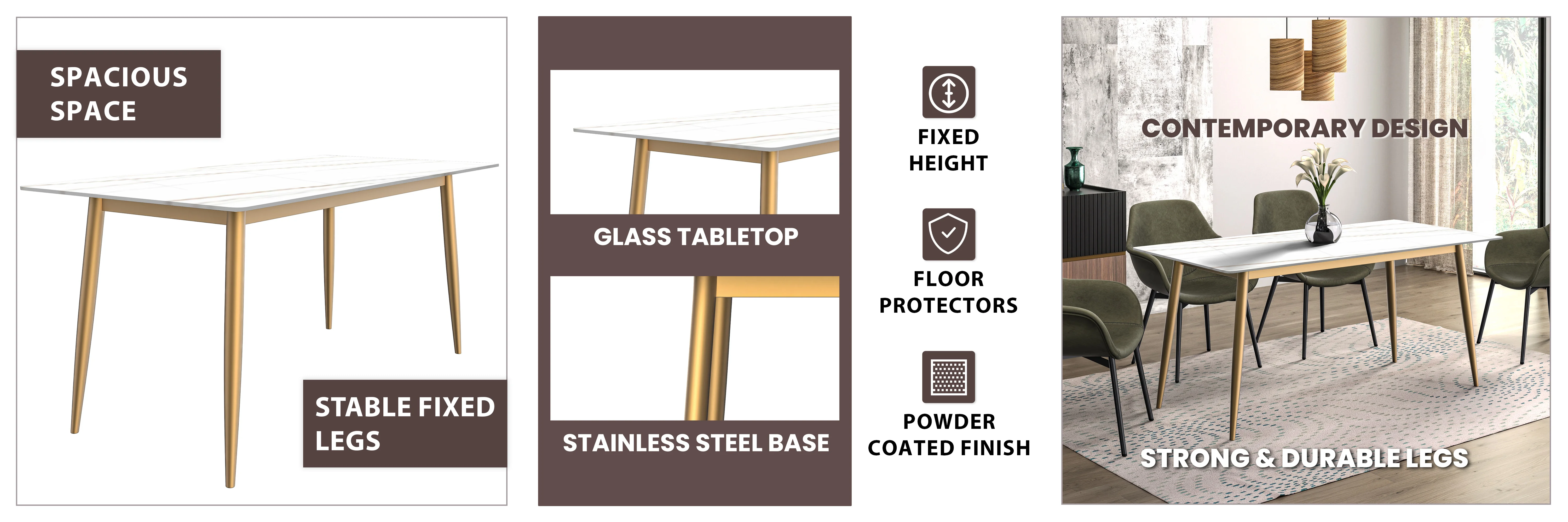 Zayle Series Modern Dining Table Brushed Gold Base, With 71 White/Gold Sintered Stone Top