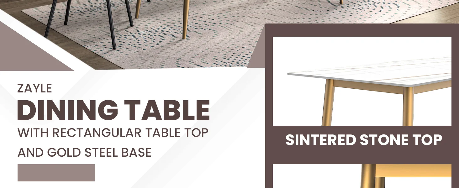Zayle Series Modern Dining Table Brushed Gold Base, With 71 White/Gold Sintered Stone Top