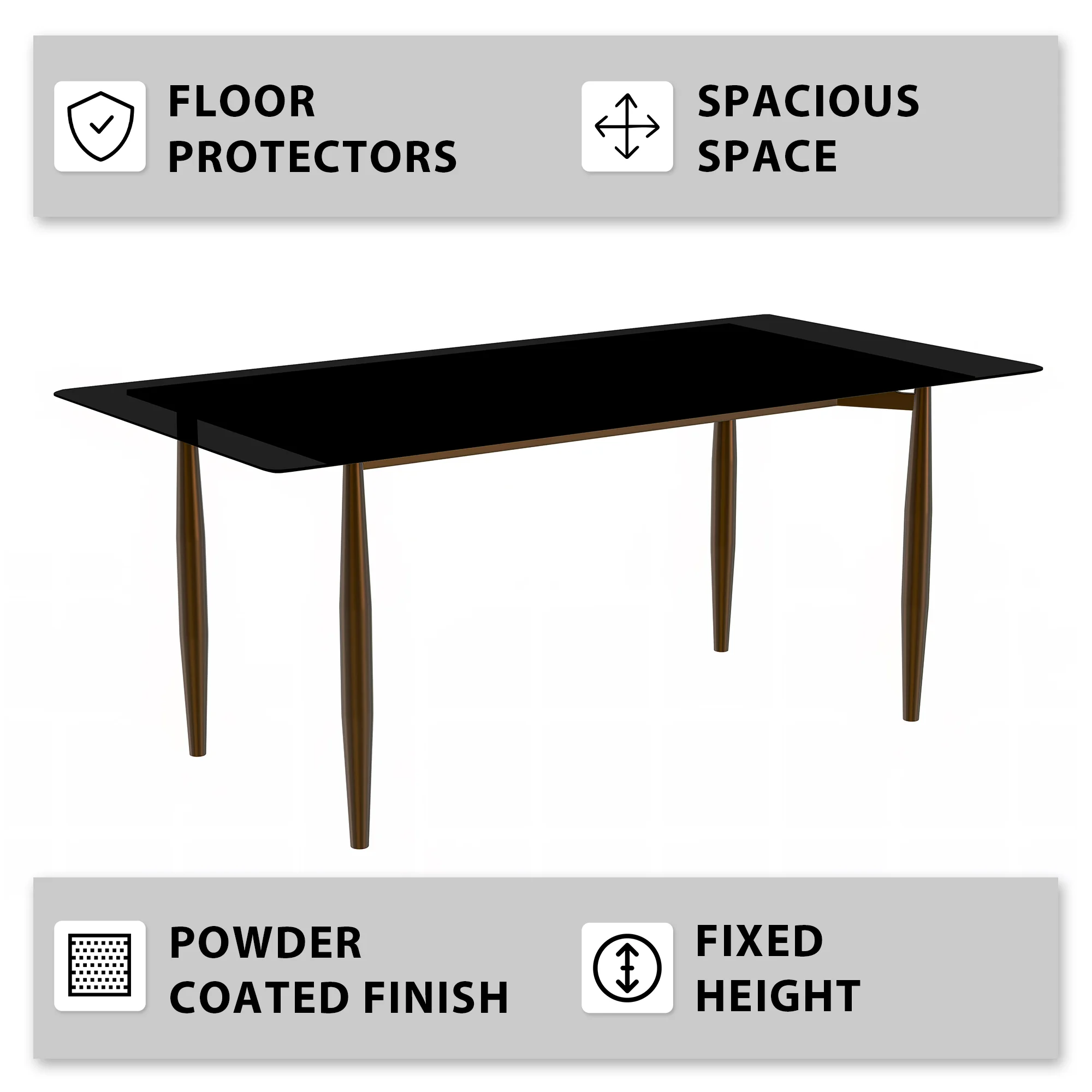Zinti Series Modern Dining Table Bronze Base, With 55" Black Glass Top