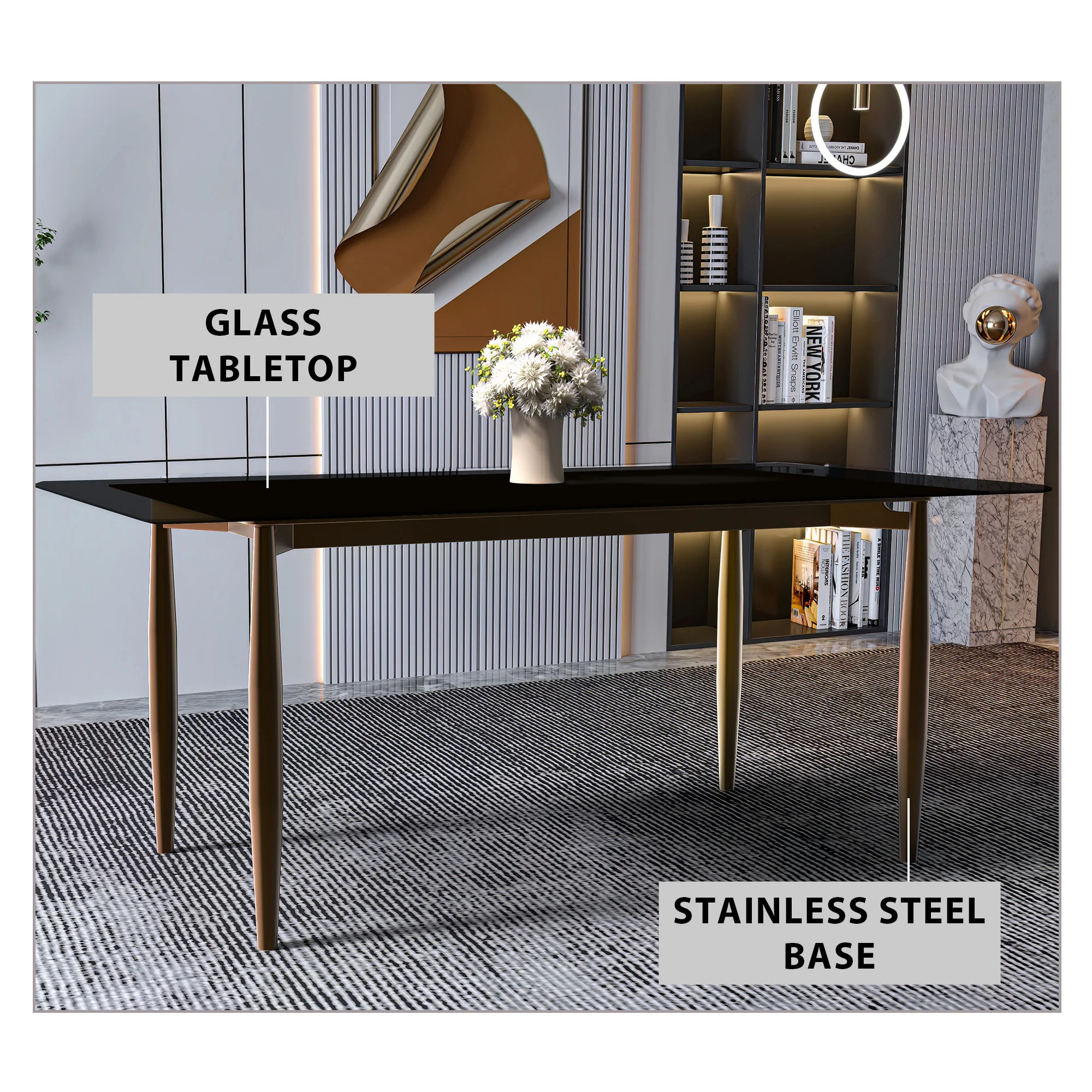 Zinti Series Modern Dining Table Bronze Base, With 55" Black Glass Top