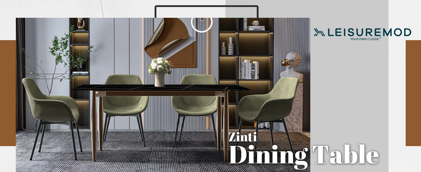Zinti Series Modern Dining Table Bronze Base, With 55" Black/Gold Sintered Stone Top