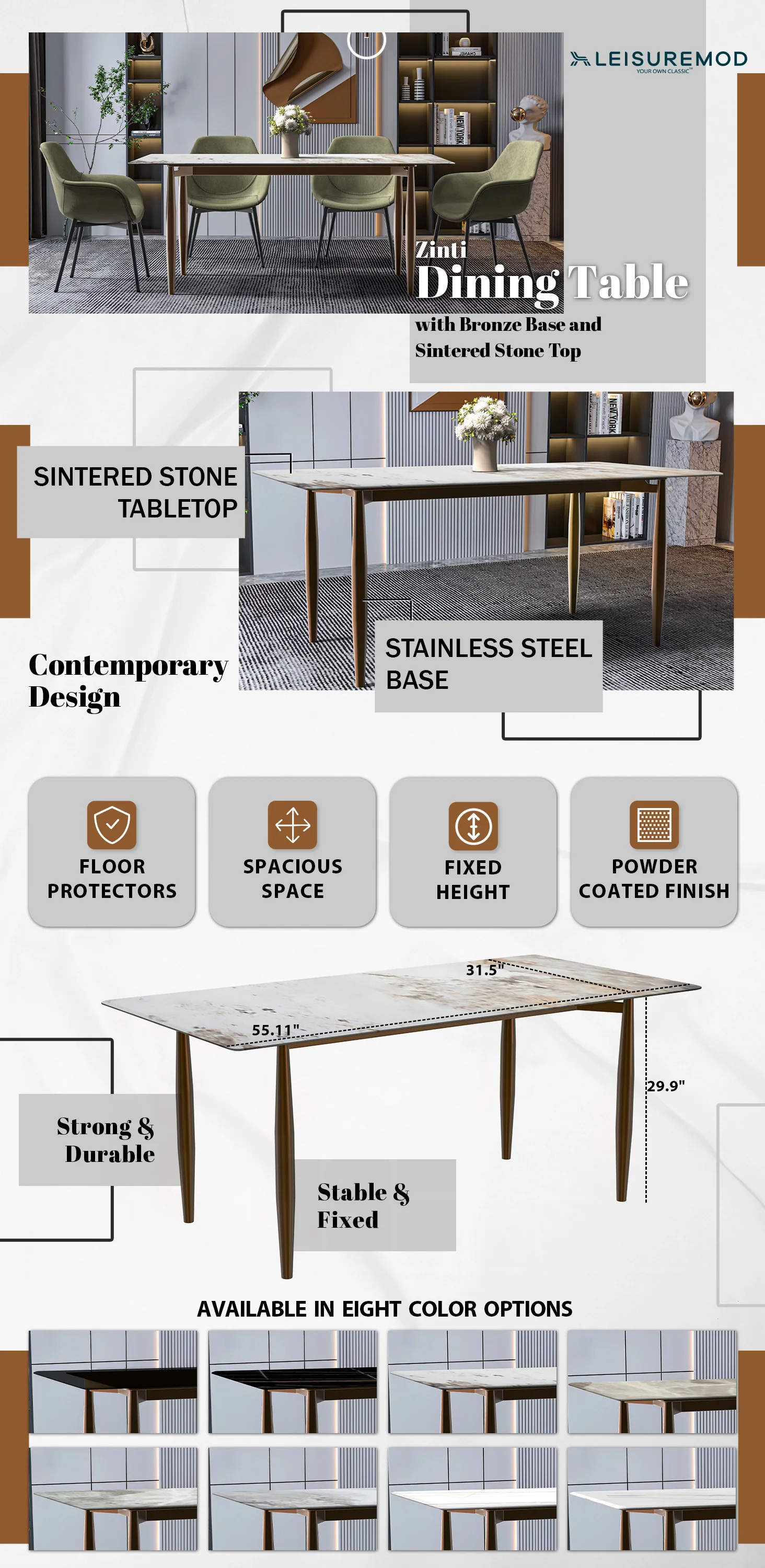 Zinti Series Modern Dining Table Bronze Base, With 55" White Grey Sintered Stone Top