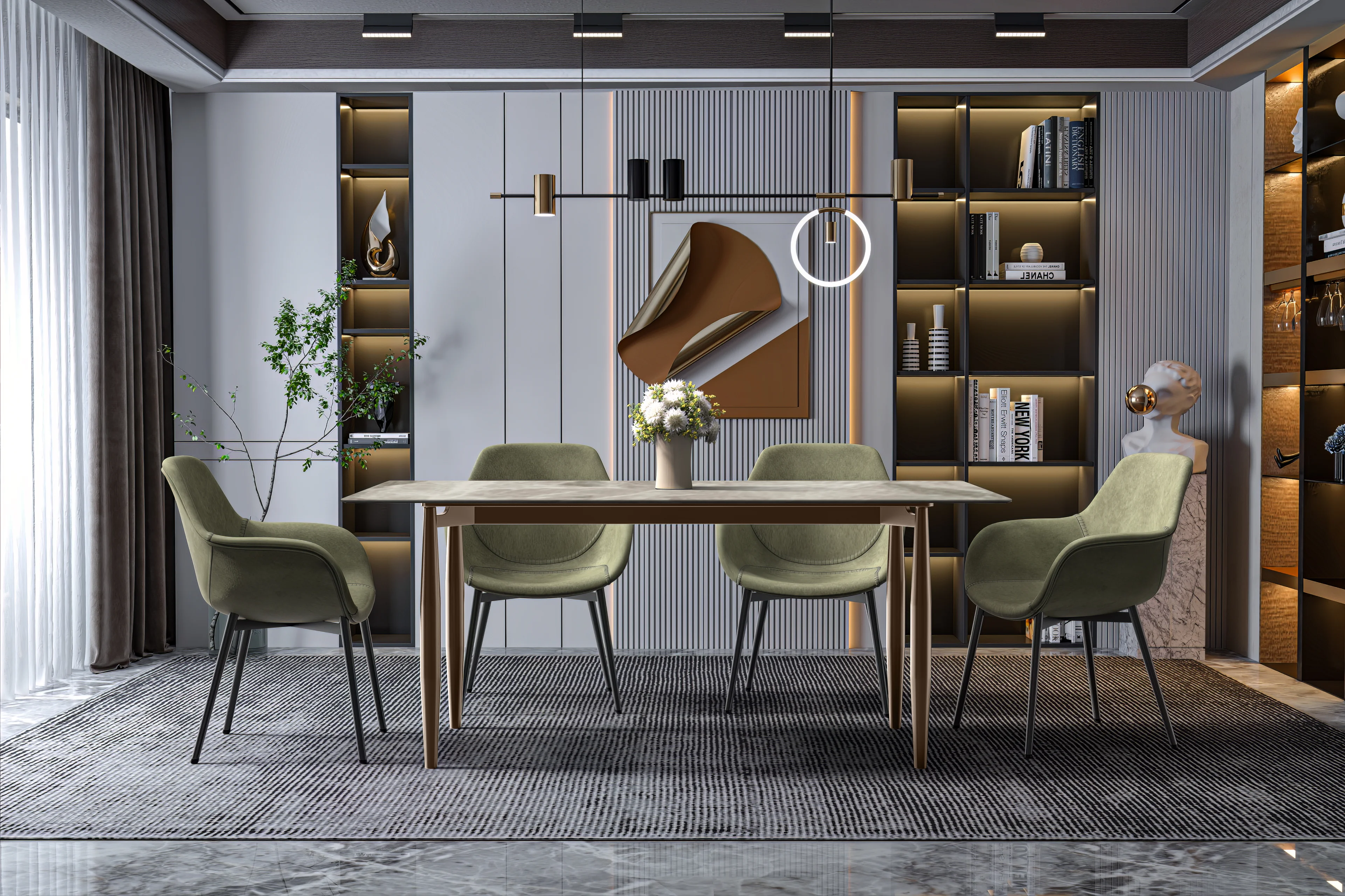 Zinti Series Modern Dining Table Bronze Base, With 55" Deep Grey Sintered Stone Top