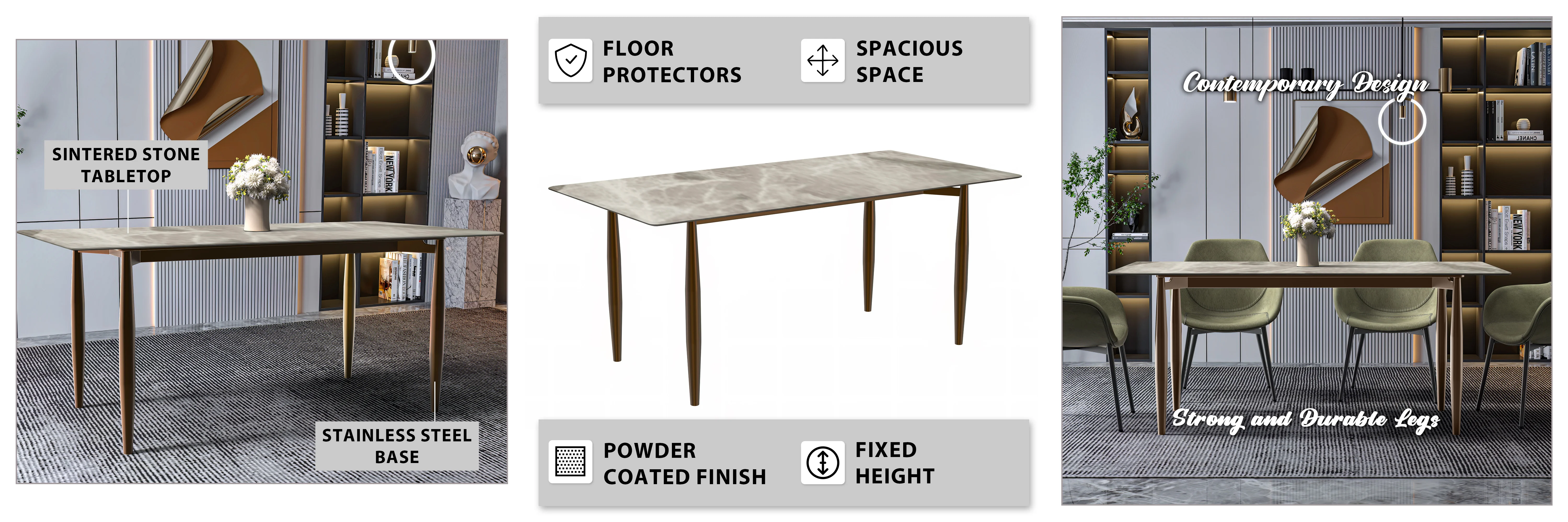 Zinti Series Modern Dining Table Bronze Base, With 55" Deep Grey Sintered Stone Top