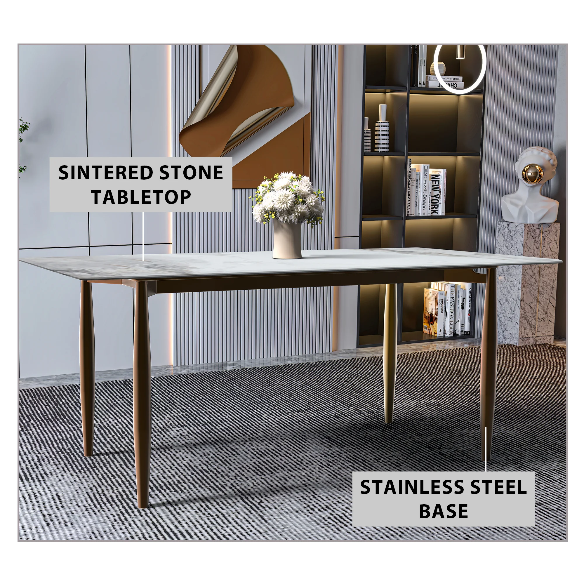 Zinti Series Modern Dining Table Bronze Base, With 55" Medium Grey Sintered Stone Top