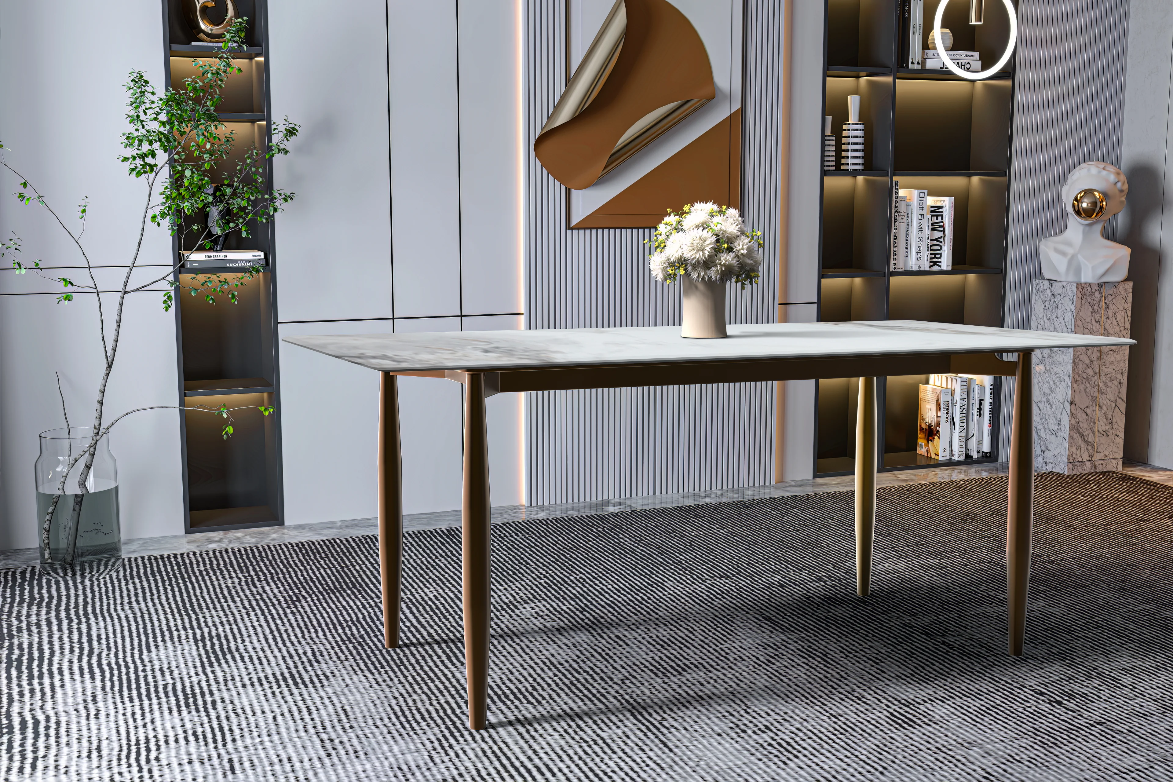 Zinti Series Modern Dining Table Bronze Base, With 55" Medium Grey Sintered Stone Top