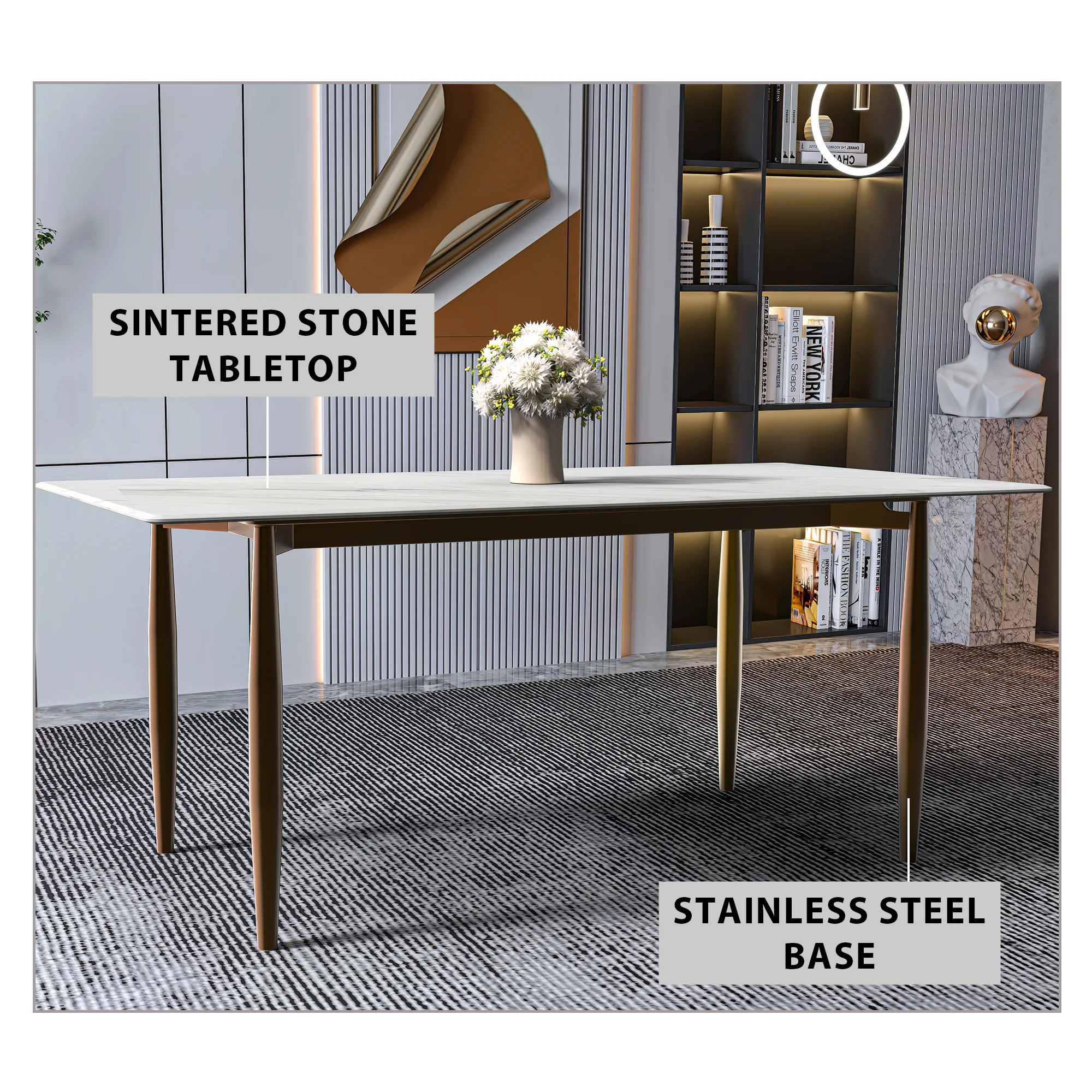 Zinti Series Modern Dining Table Bronze Base, With 55" White Sintered Stone Top