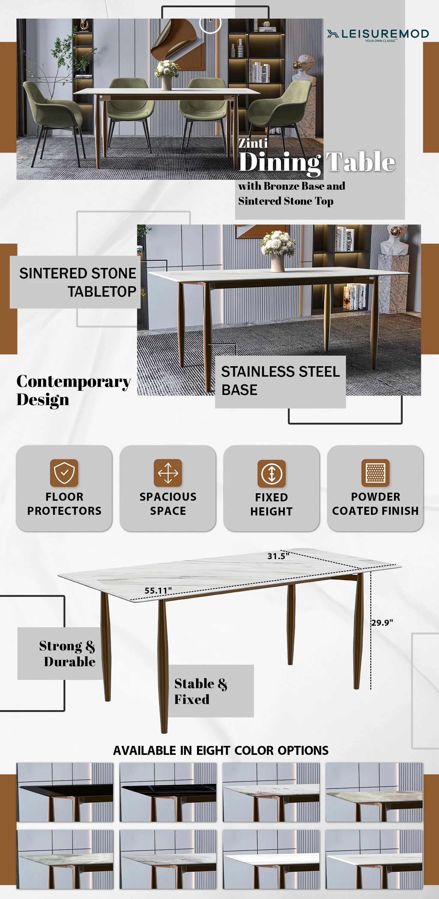 Zinti Series Modern Dining Table Bronze Base, With 55" White Sintered Stone Top