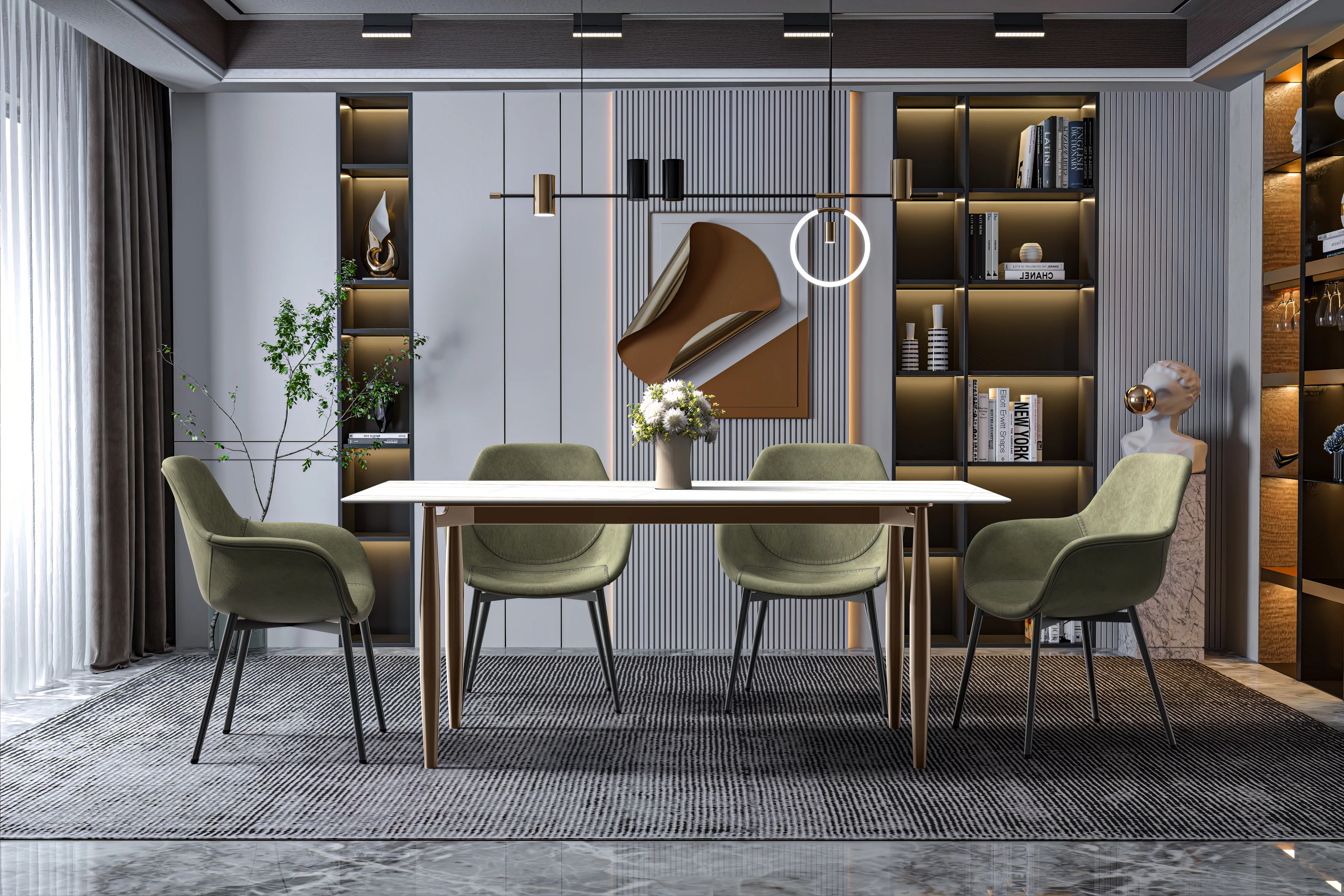 Zinti Series Modern Dining Table Bronze Base, With 55" White/Gold Sintered Stone Top