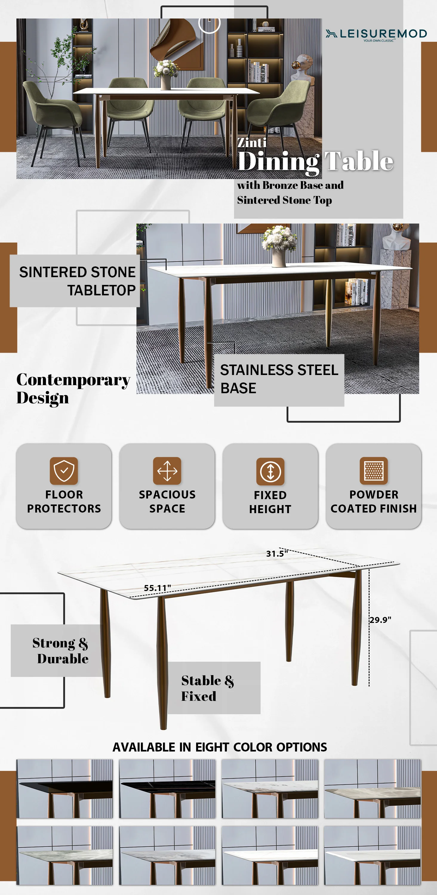 Zinti Series Modern Dining Table Bronze Base, With 55" White/Gold Sintered Stone Top