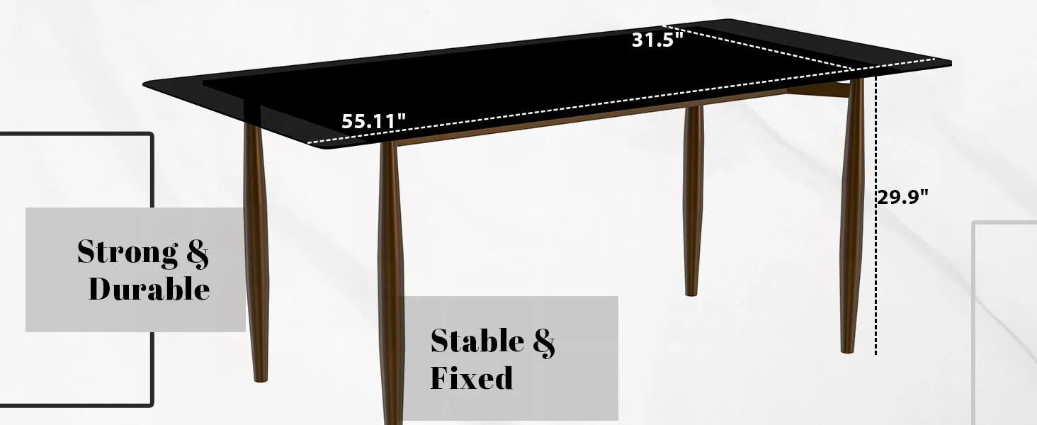 Zinti Series Modern Dining Table Bronze Base, With 62" Black Glass Top