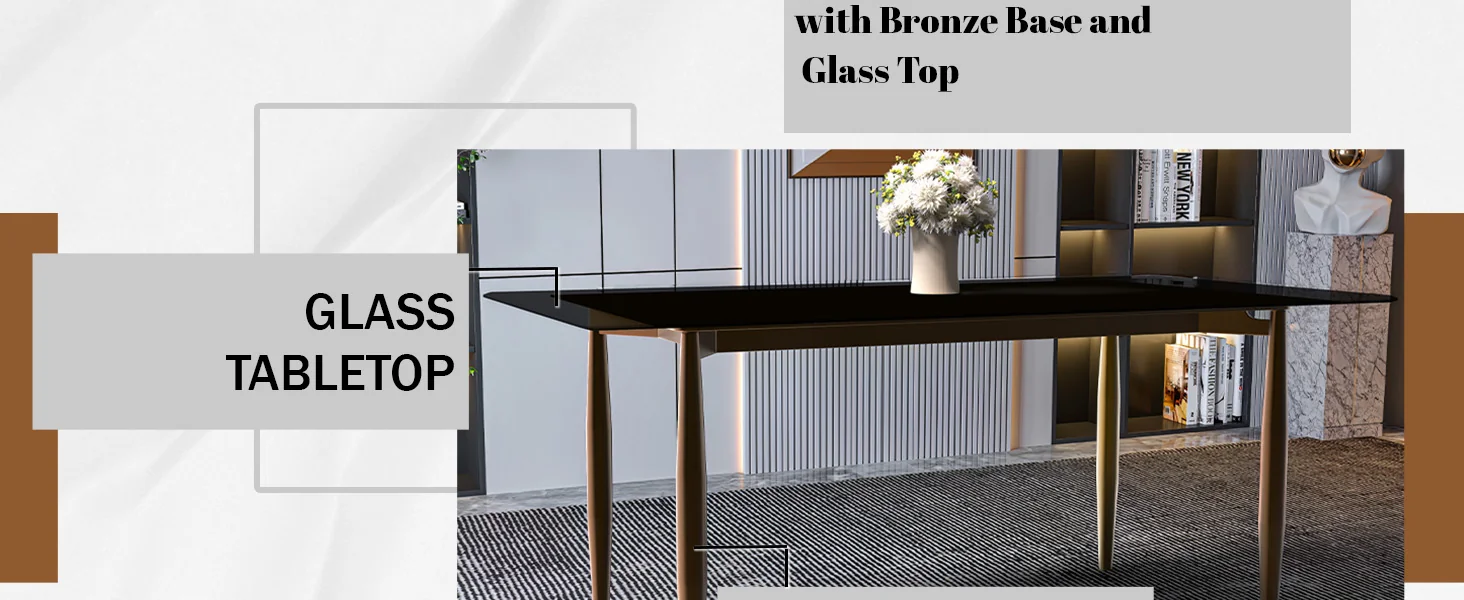 Zinti Series Modern Dining Table Bronze Base, With 62" Black Glass Top