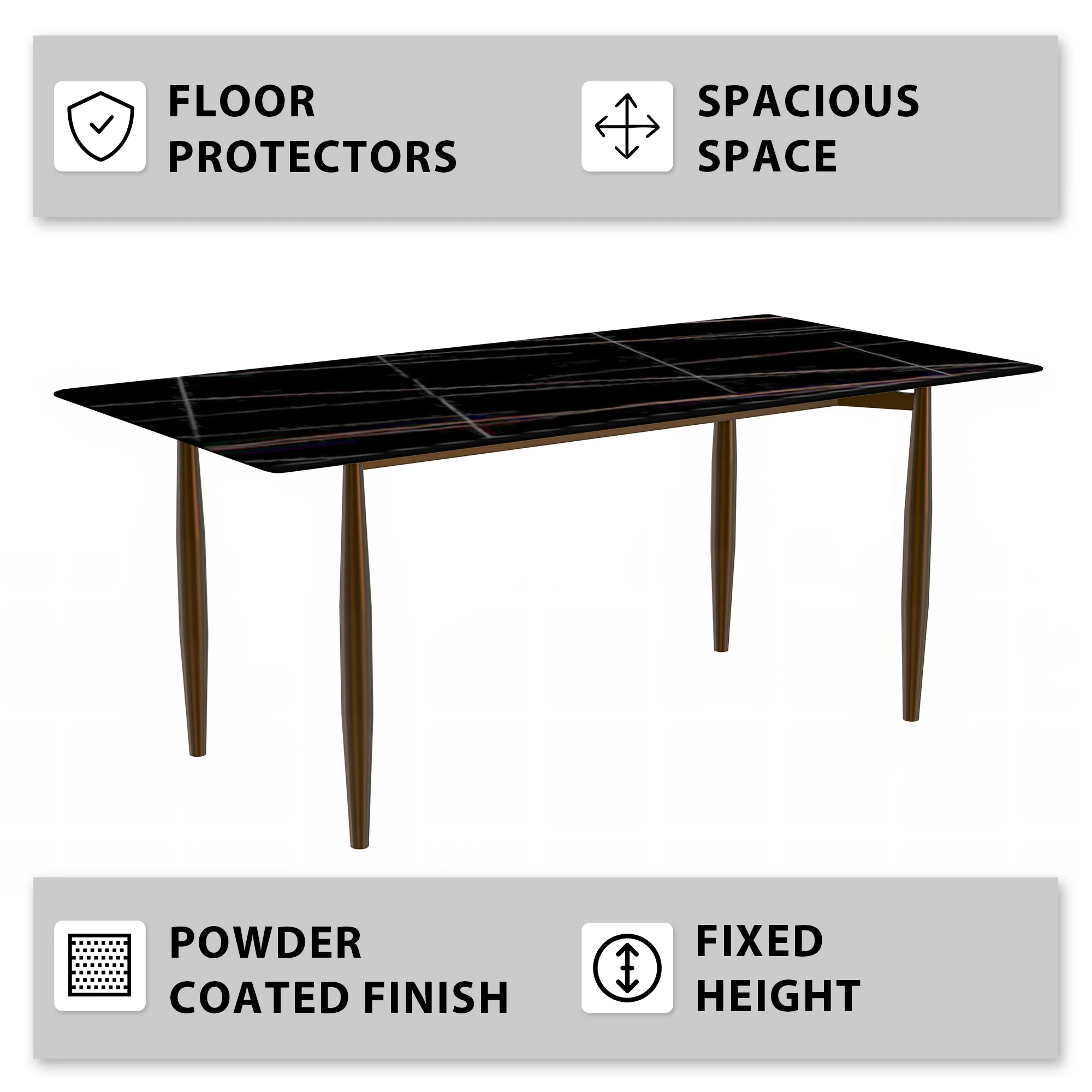 Zinti Series Modern Dining Table Bronze Base, With 62" Black/Gold Sintered Stone Top