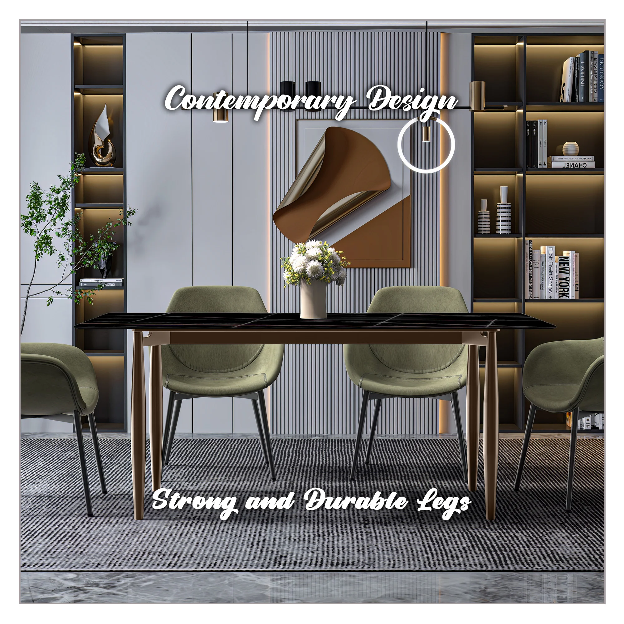 Zinti Series Modern Dining Table Bronze Base, With 62" Black/Gold Sintered Stone Top