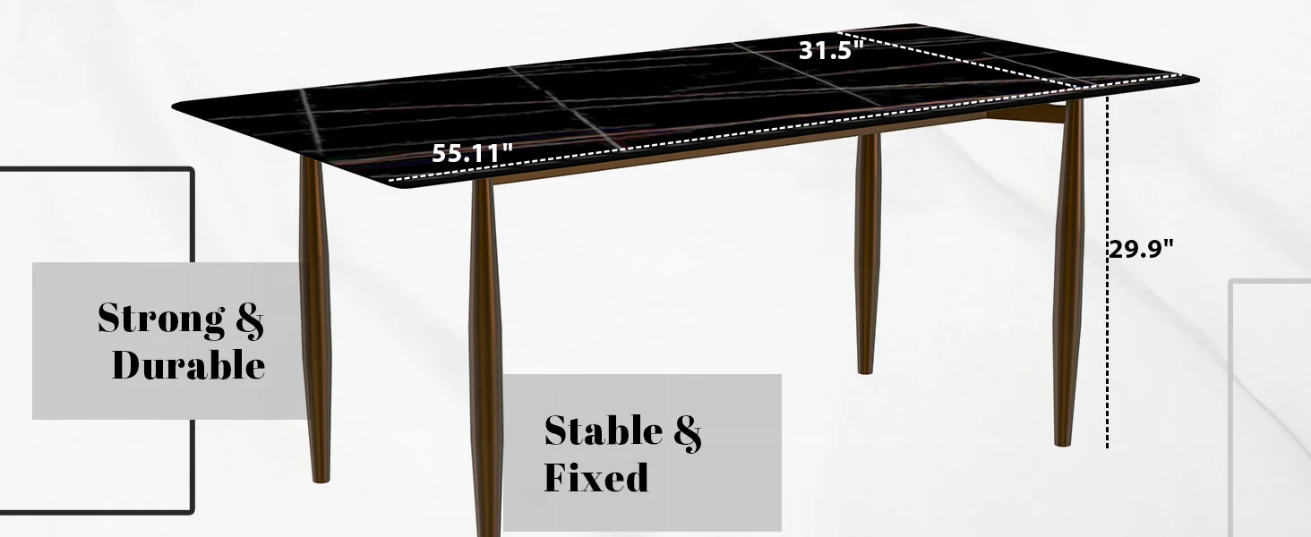 Zinti Series Modern Dining Table Bronze Base, With 62" Black/Gold Sintered Stone Top