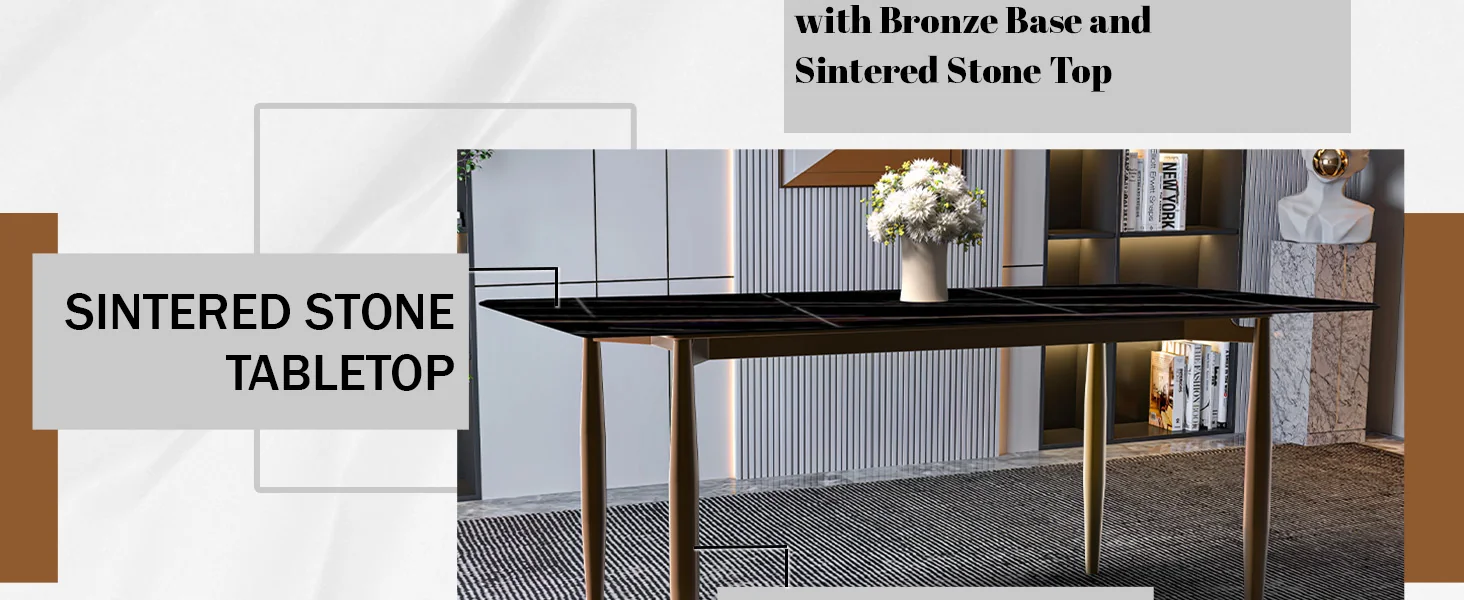 Zinti Series Modern Dining Table Bronze Base, With 62" Black/Gold Sintered Stone Top