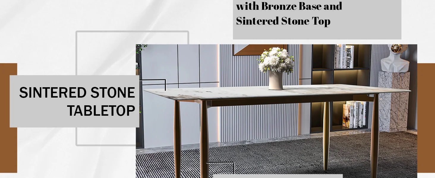 Zinti Series Modern Dining Table Bronze Base, With 62" White Grey Sintered Stone Top