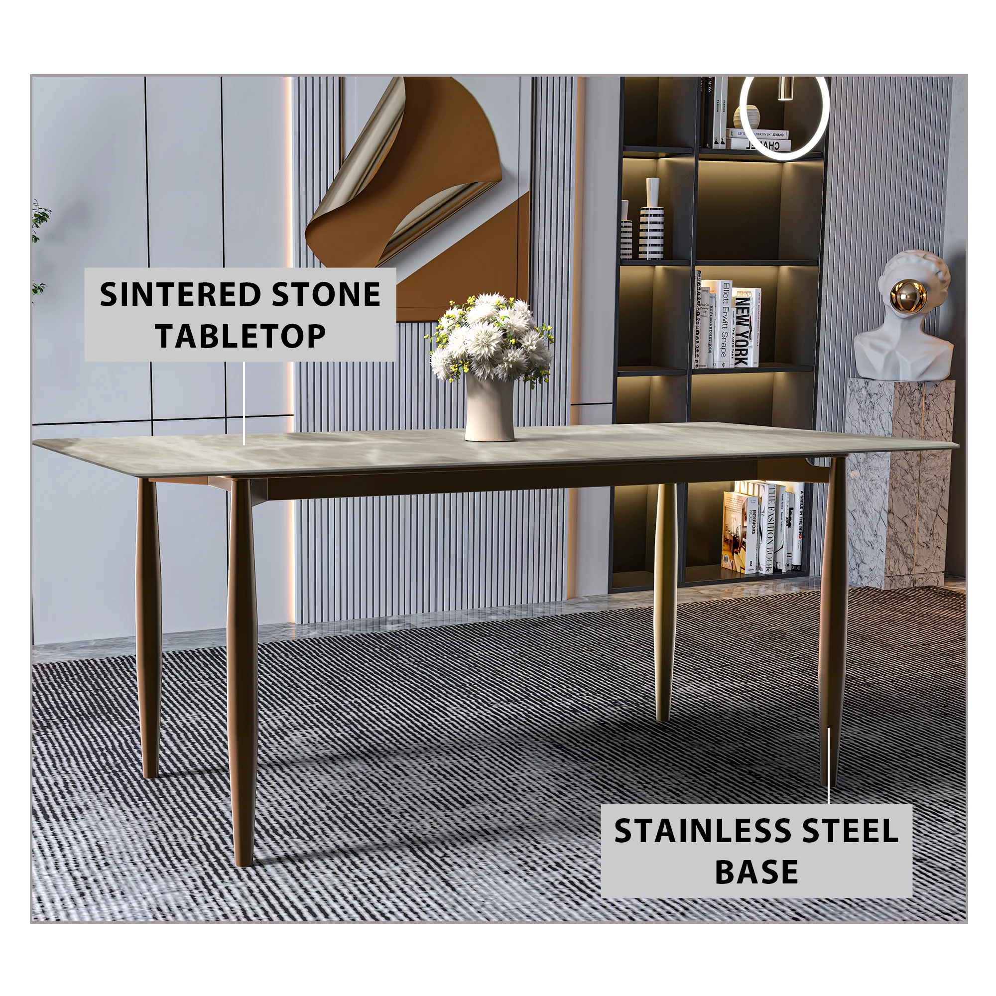 Zinti Series Modern Dining Table Bronze Base, With 62" Deep Grey Sintered Stone Top