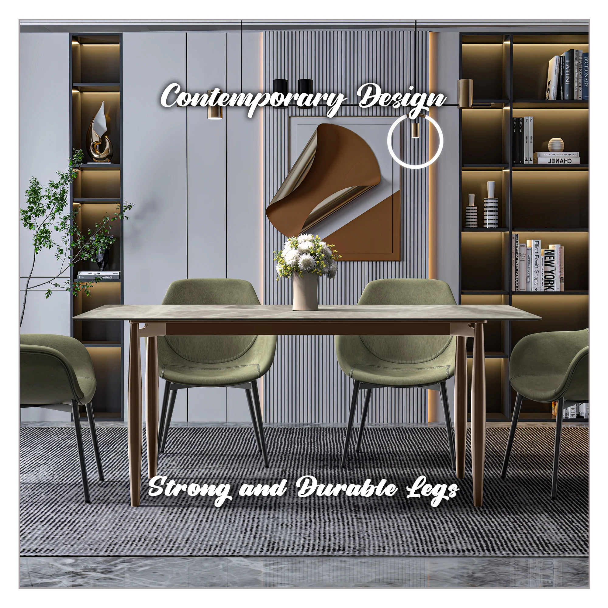 Zinti Series Modern Dining Table Bronze Base, With 62" Deep Grey Sintered Stone Top