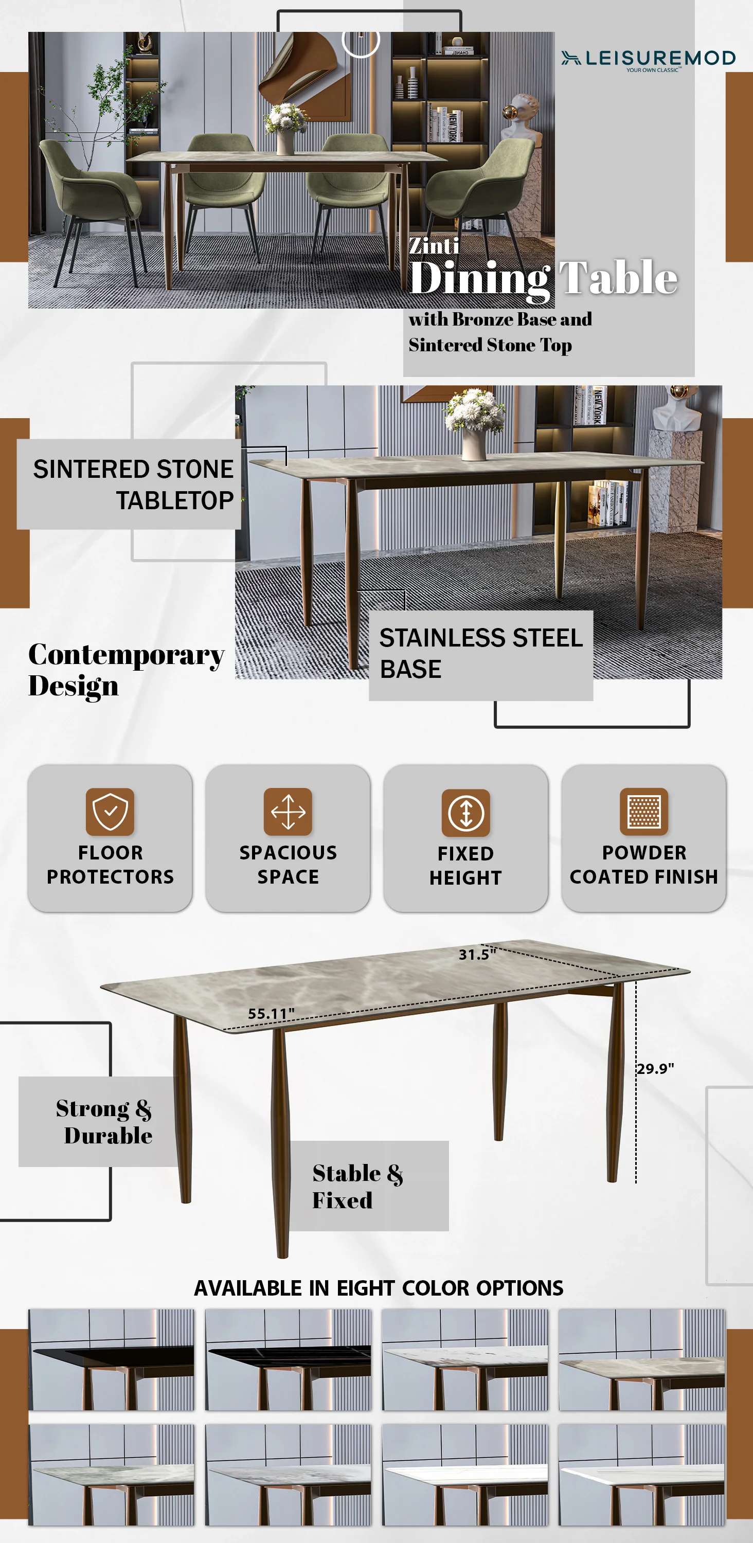 Zinti Series Modern Dining Table Bronze Base, With 62" Deep Grey Sintered Stone Top