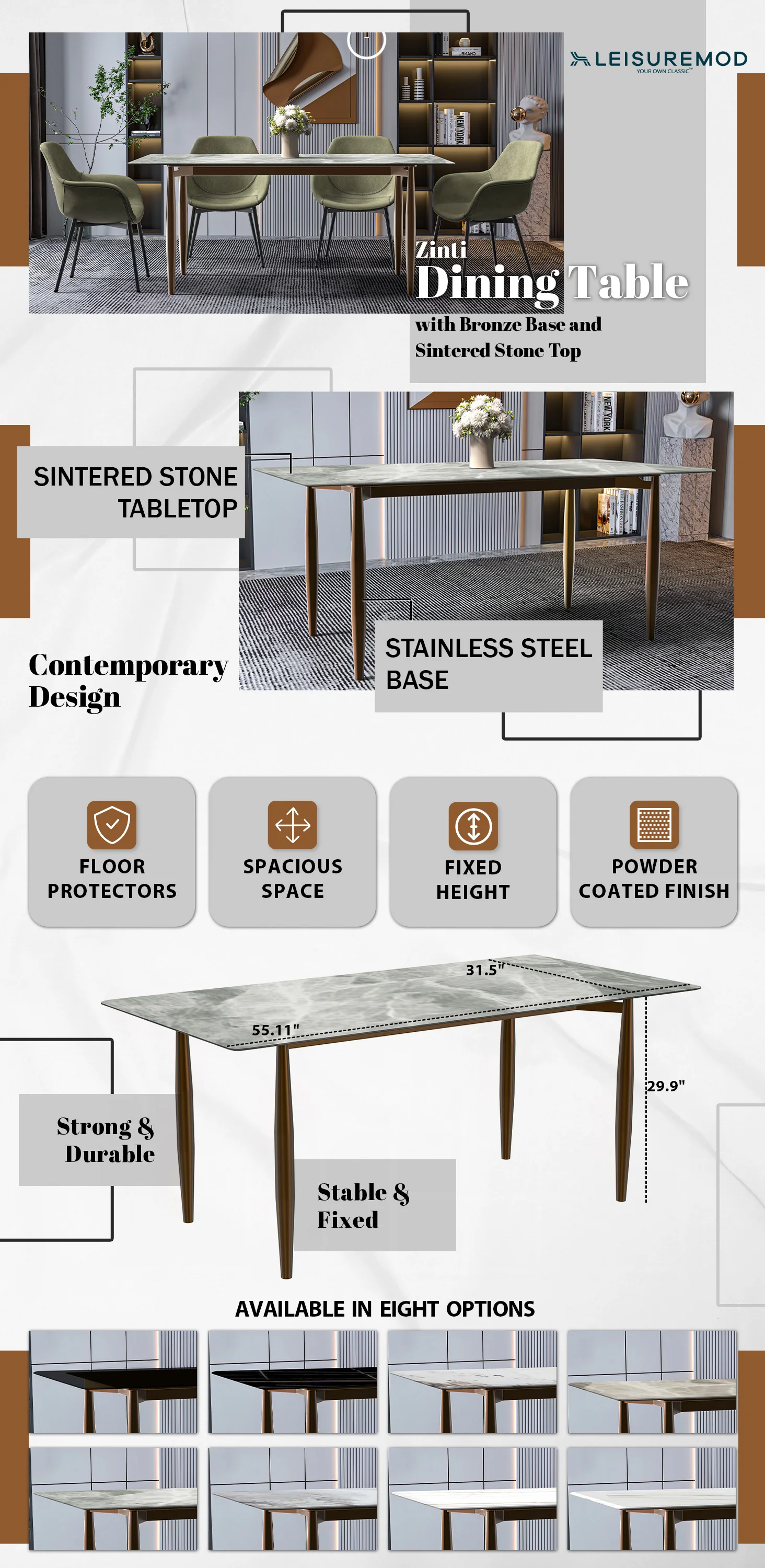 Zinti Series Modern Dining Table Bronze Base, With 62" Light Grey Sintered Stone Top