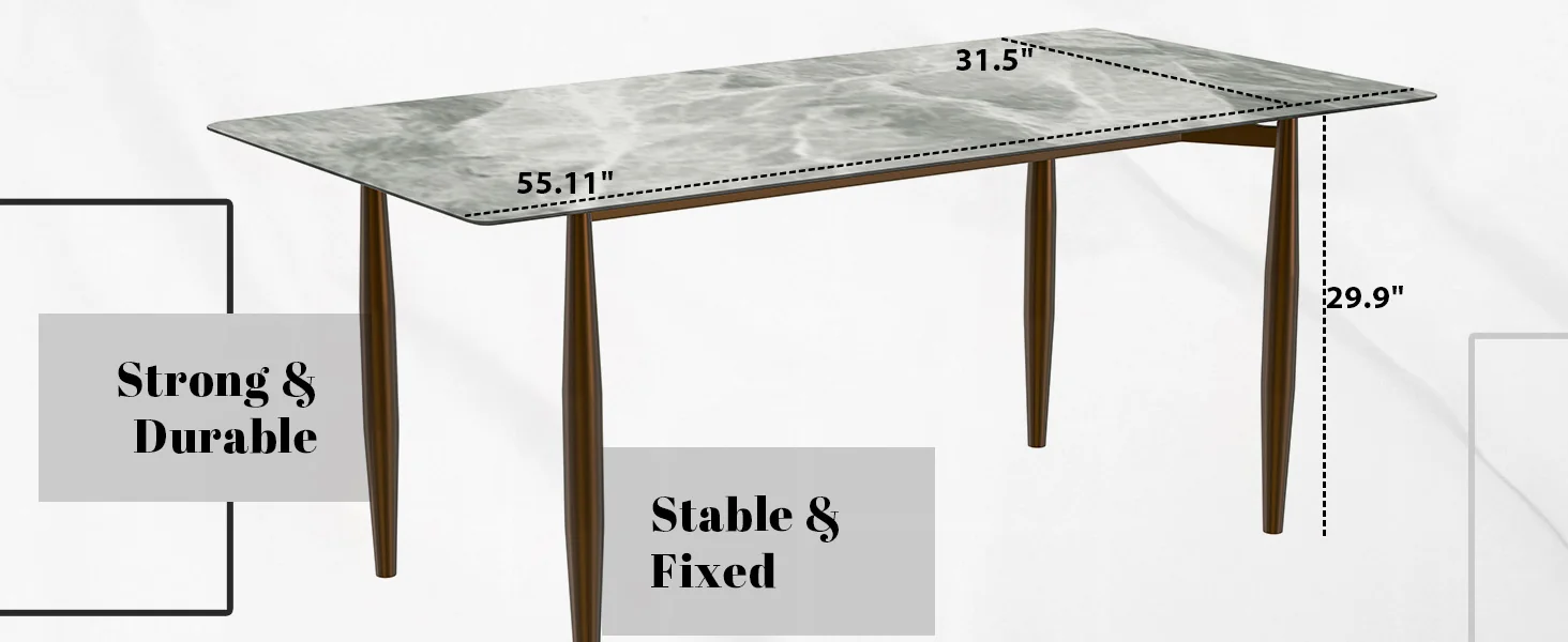 Zinti Series Modern Dining Table Bronze Base, With 62" Light Grey Sintered Stone Top