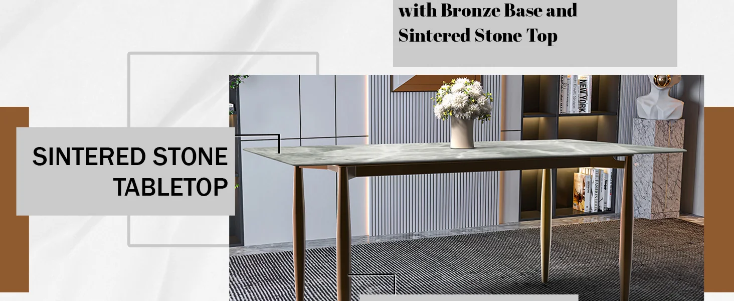 Zinti Series Modern Dining Table Bronze Base, With 62" Light Grey Sintered Stone Top