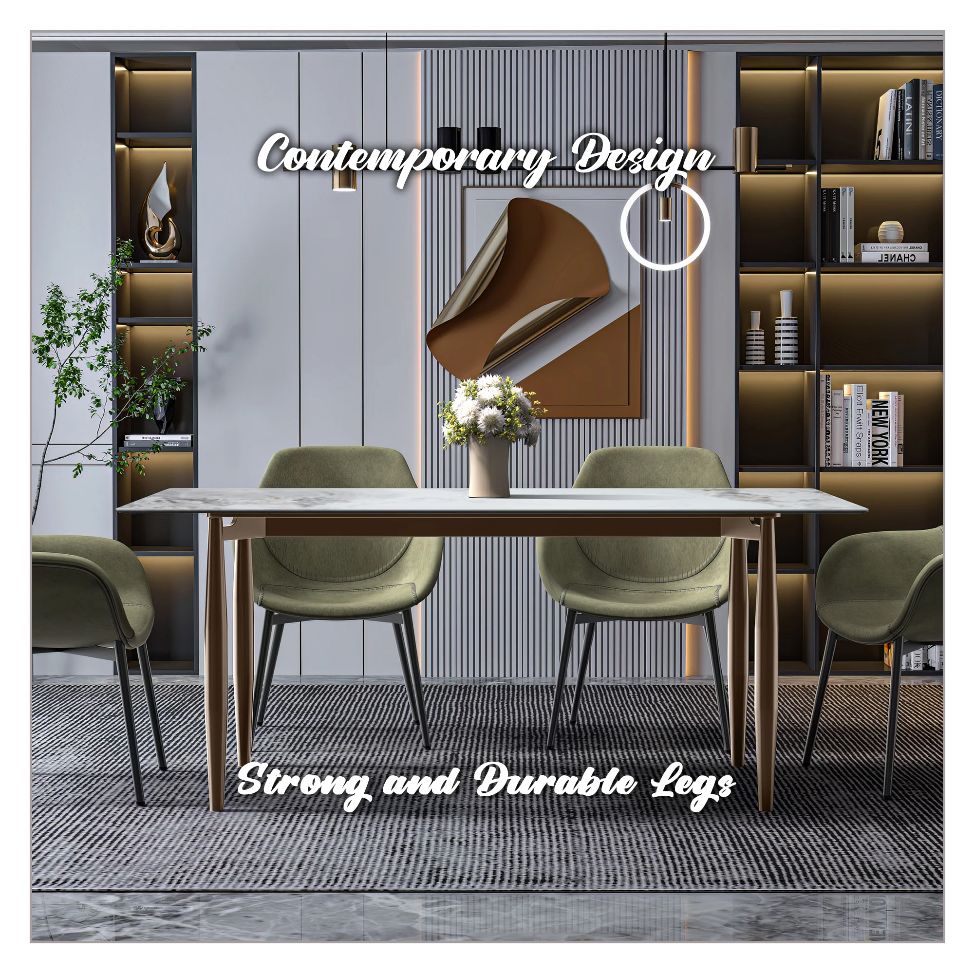 Zinti Series Modern Dining Table Bronze Base, With 62" Medium Grey Sintered Stone Top