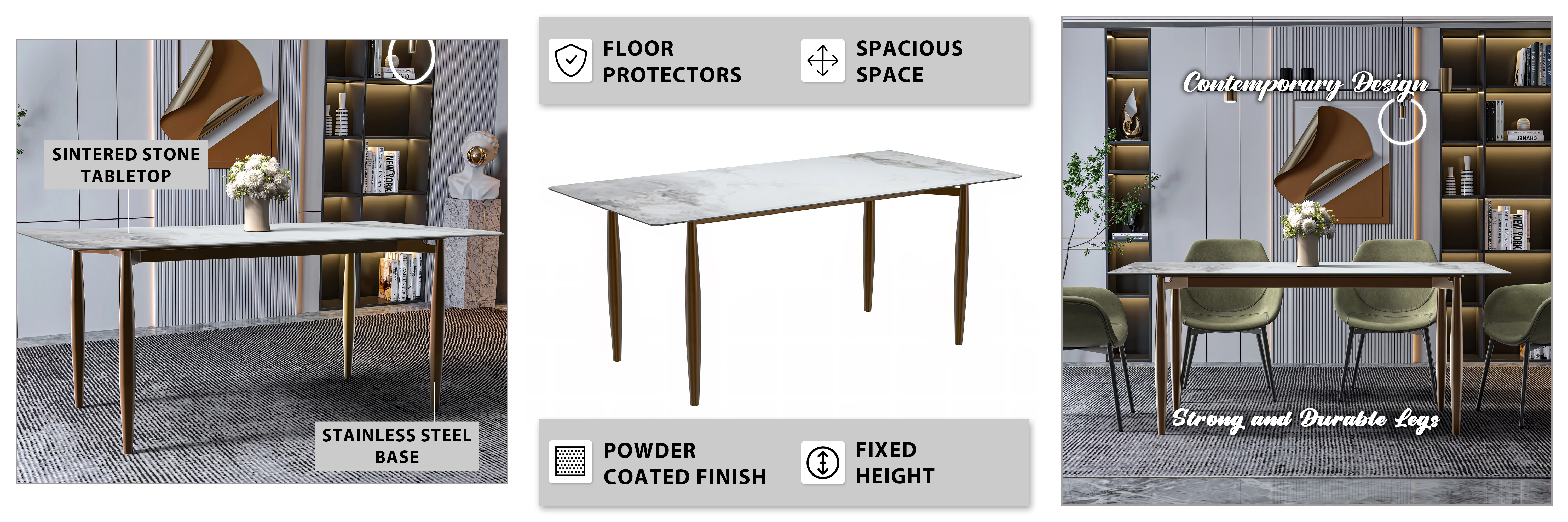 Zinti Series Modern Dining Table Bronze Base, With 62" Medium Grey Sintered Stone Top