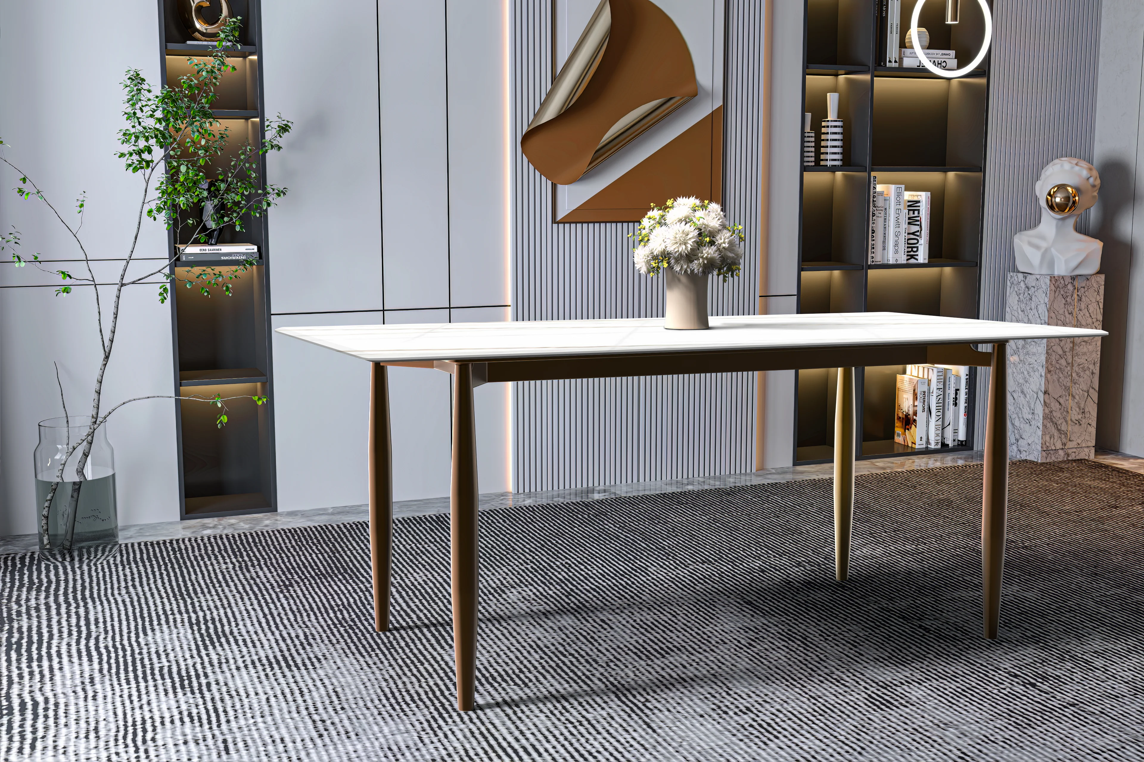 Zinti Series Modern Dining Table Bronze Base, With 62" White/Gold Sintered Stone Top