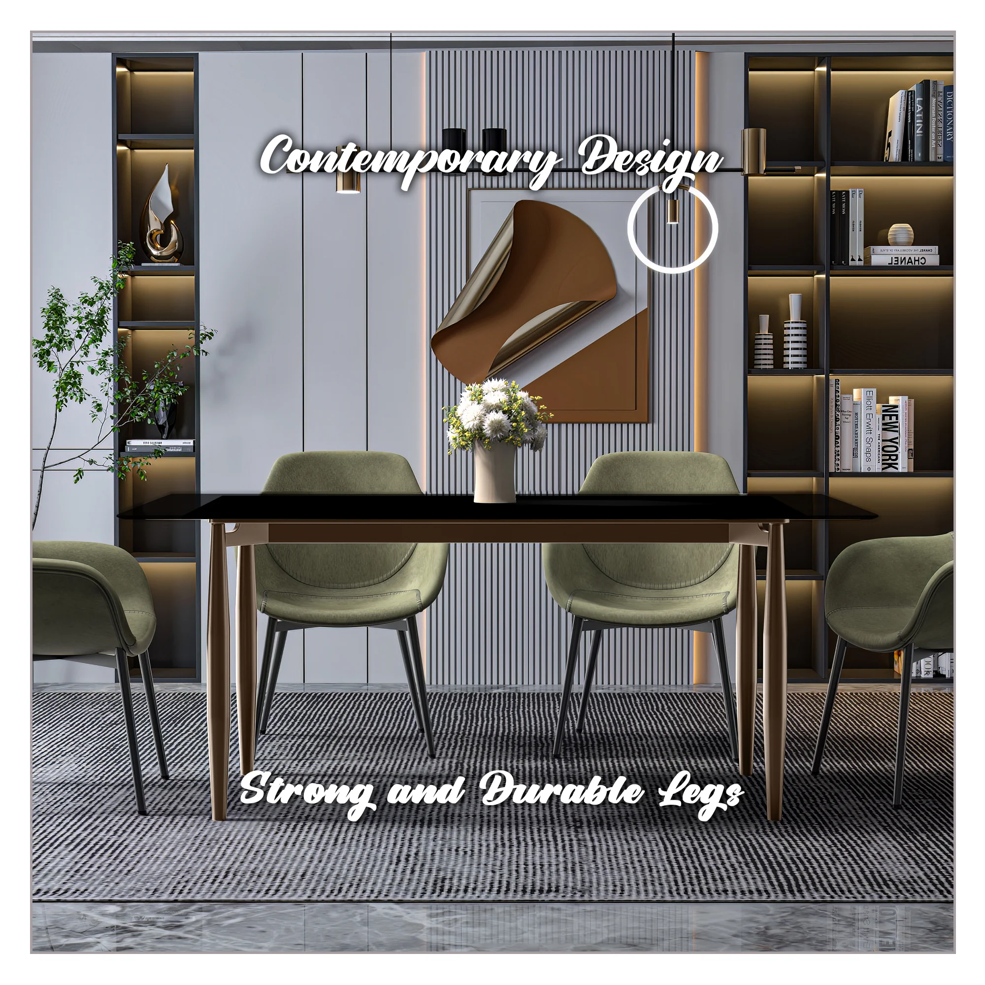 Zinti Series Modern Dining Table Bronze Base, With 71" Black Glass Top