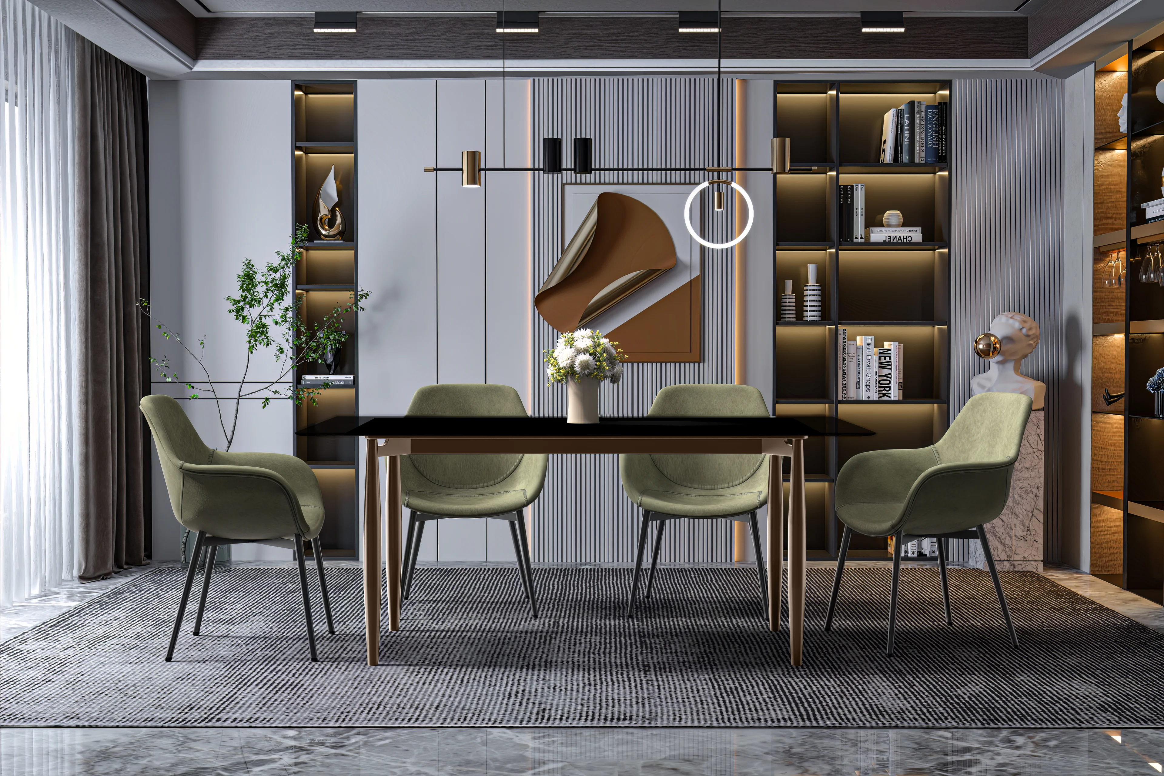 Zinti Series Modern Dining Table Bronze Base, With 71" Black Glass Top