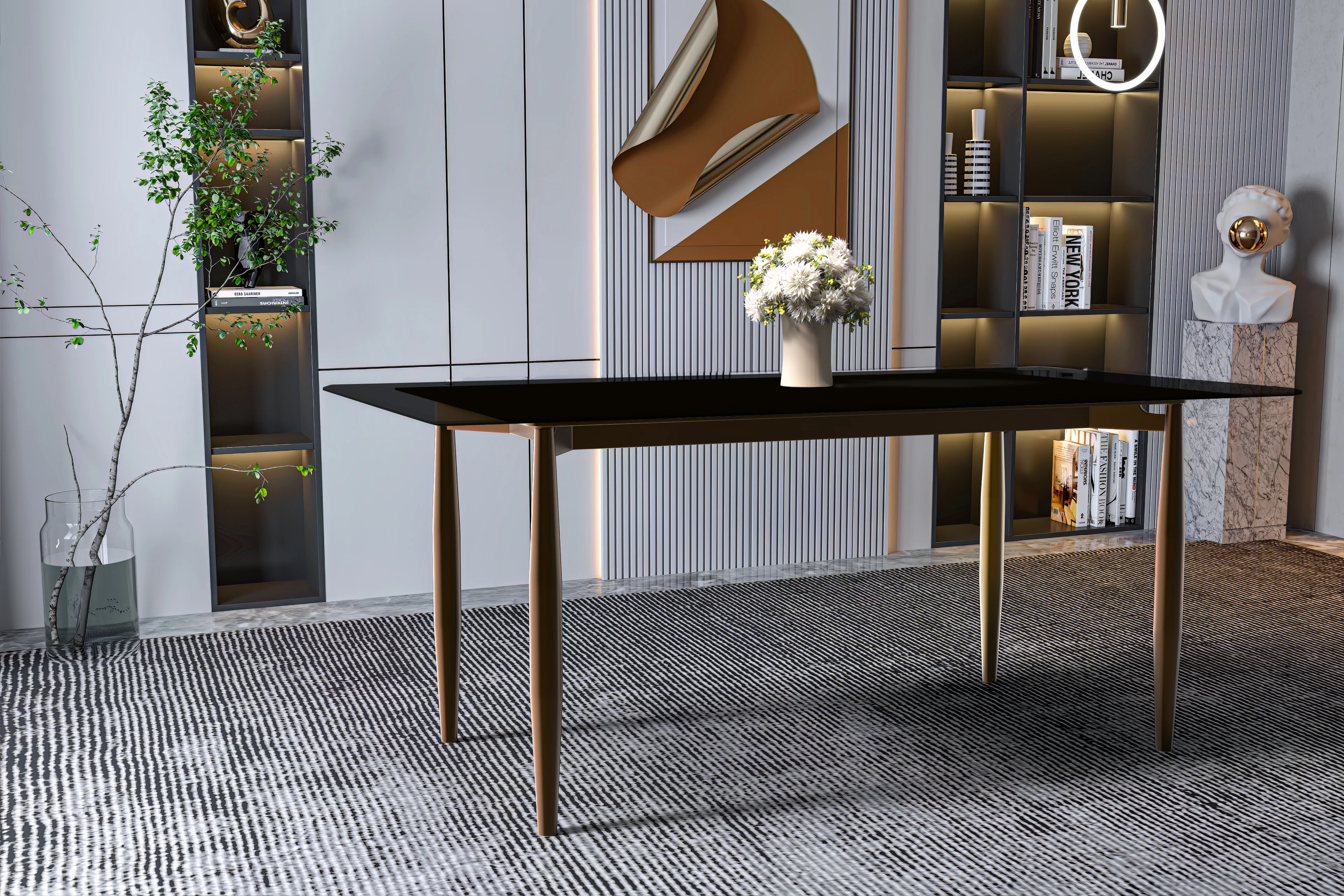Zinti Series Modern Dining Table Bronze Base, With 71" Black Glass Top