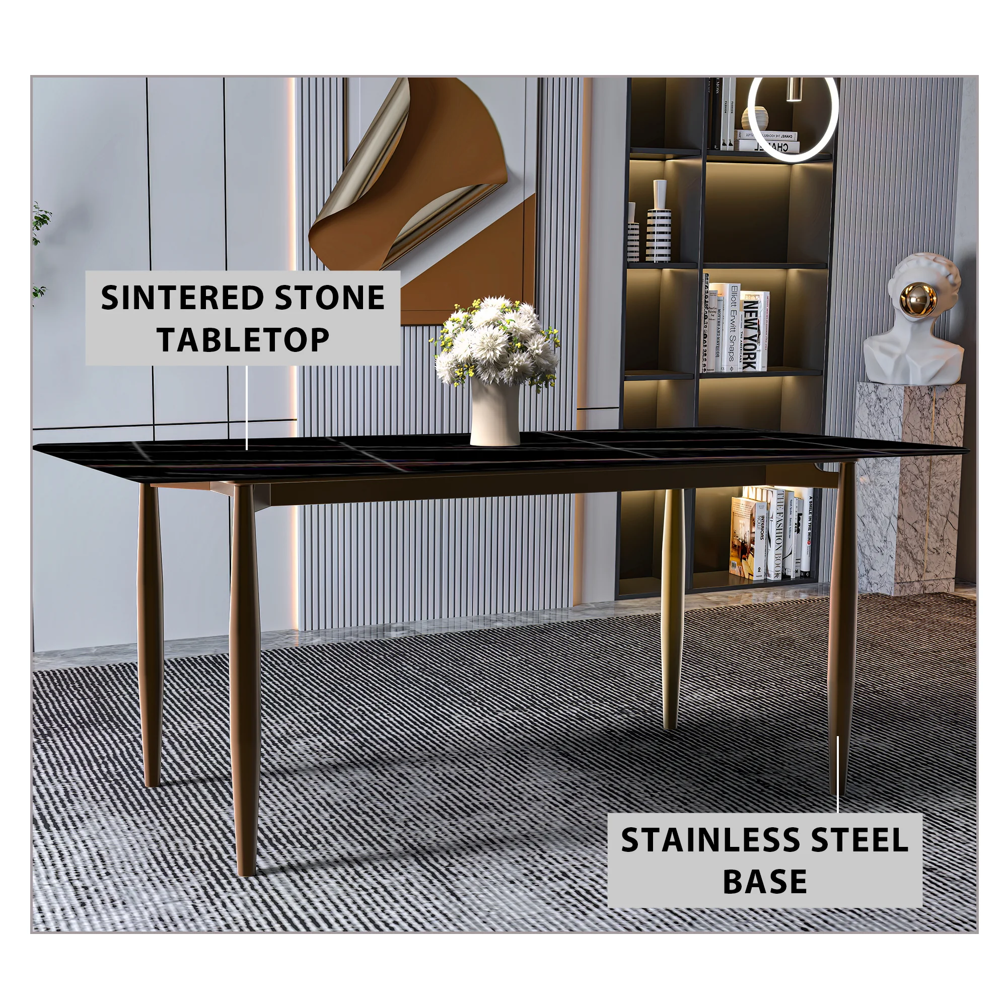 Zinti Series Modern Dining Table Bronze Base, With 71" Black/Gold Sintered Stone Top