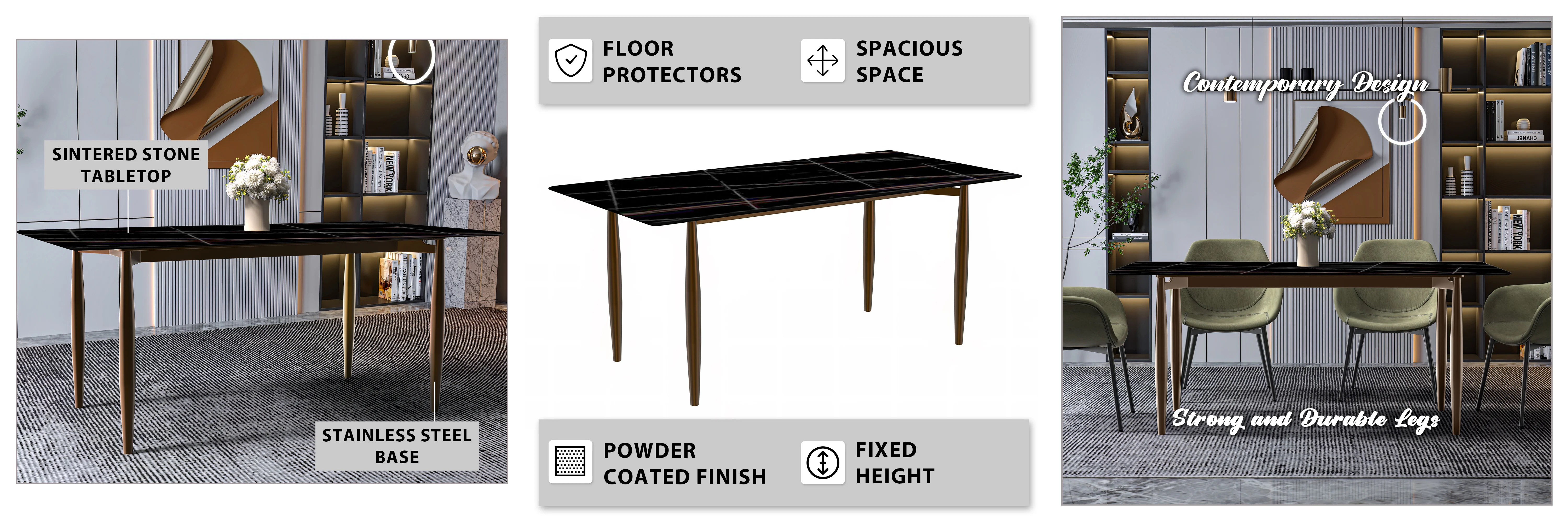 Zinti Series Modern Dining Table Bronze Base, With 71" Black/Gold Sintered Stone Top