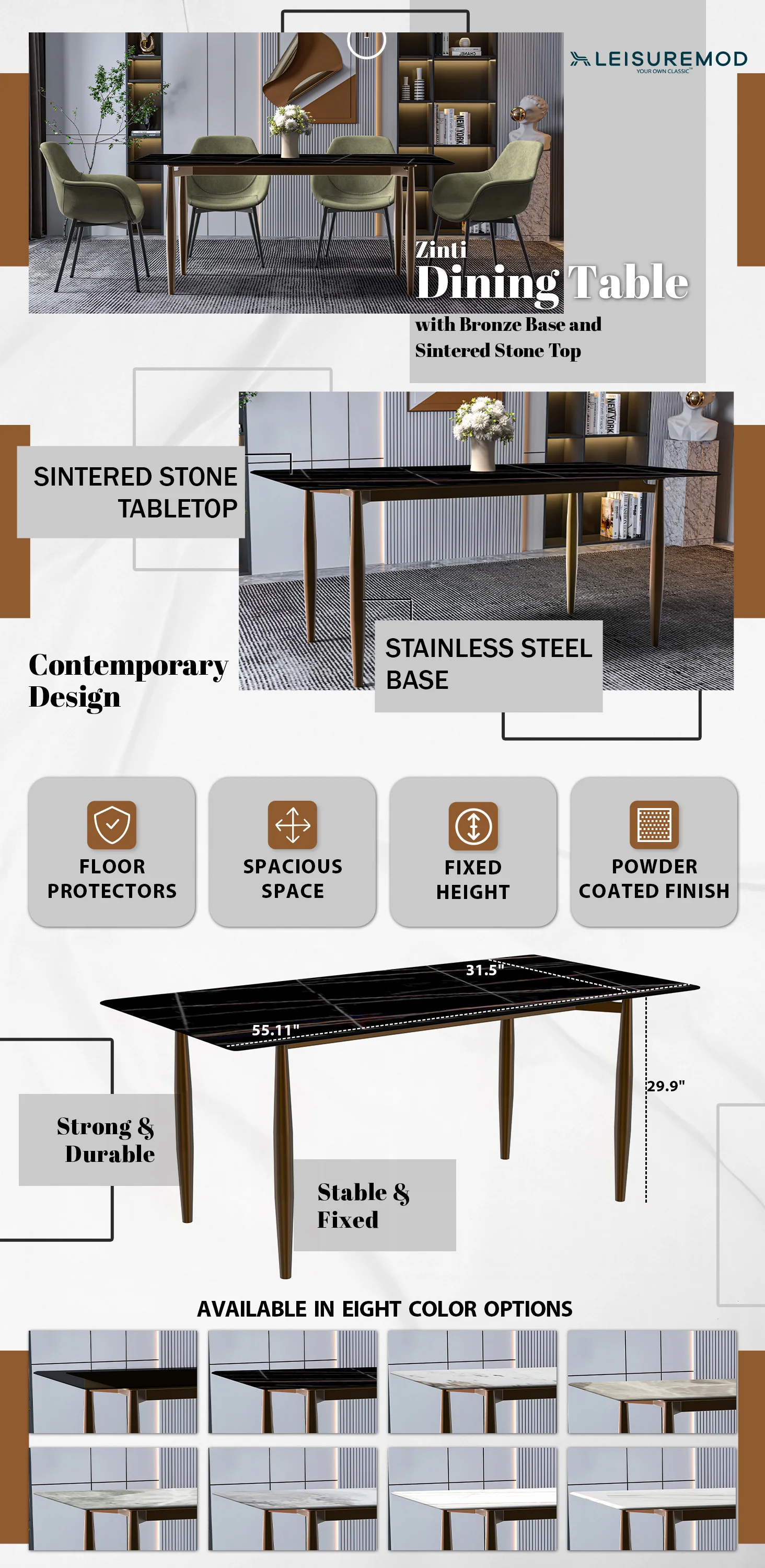 Zinti Series Modern Dining Table Bronze Base, With 71" Black/Gold Sintered Stone Top