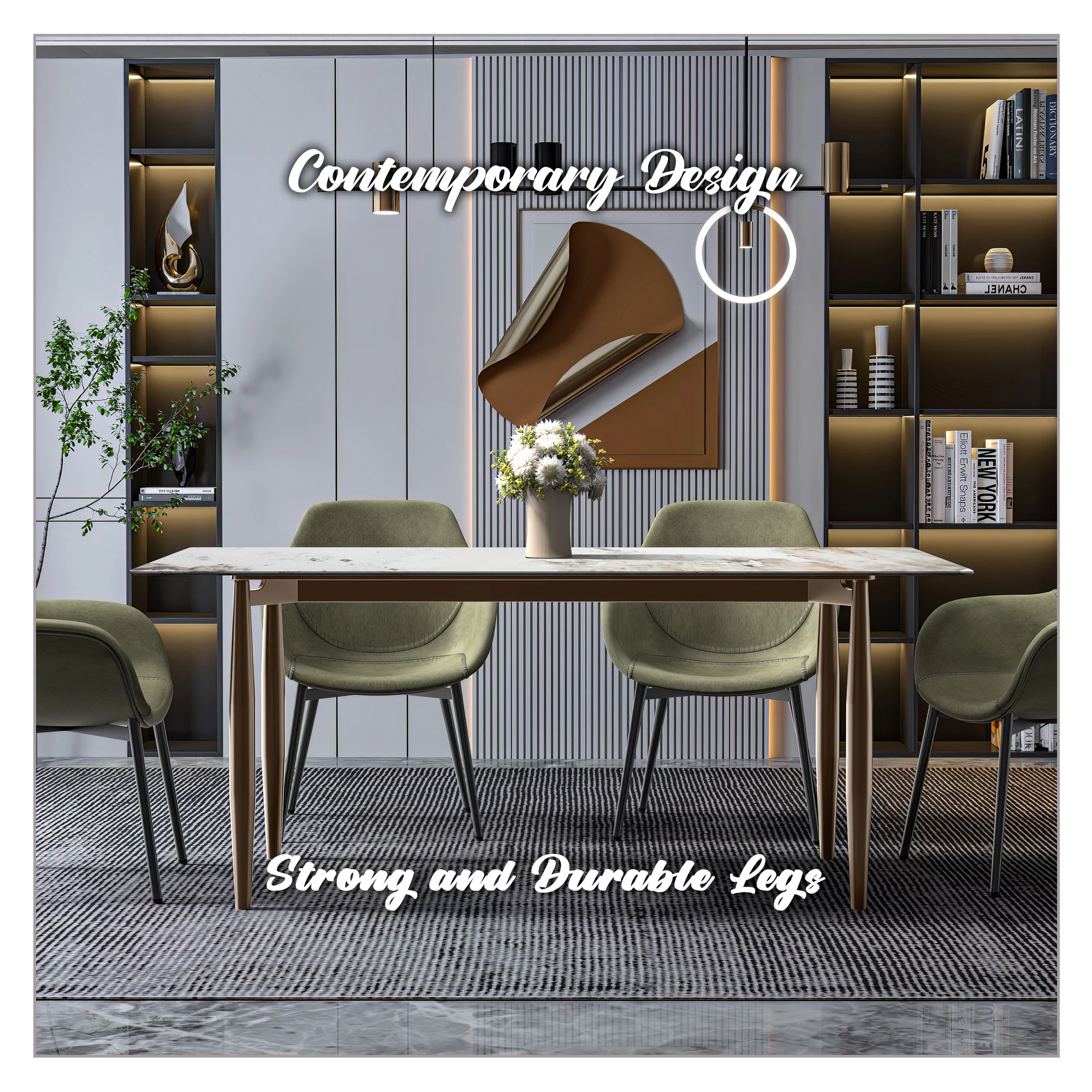 Zinti Series Modern Dining Table Bronze Base, With 71" White Grey Sintered Stone Top