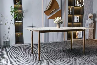 Zinti Series Modern Dining Table Bronze Base, With 71" White Grey Sintered Stone Top