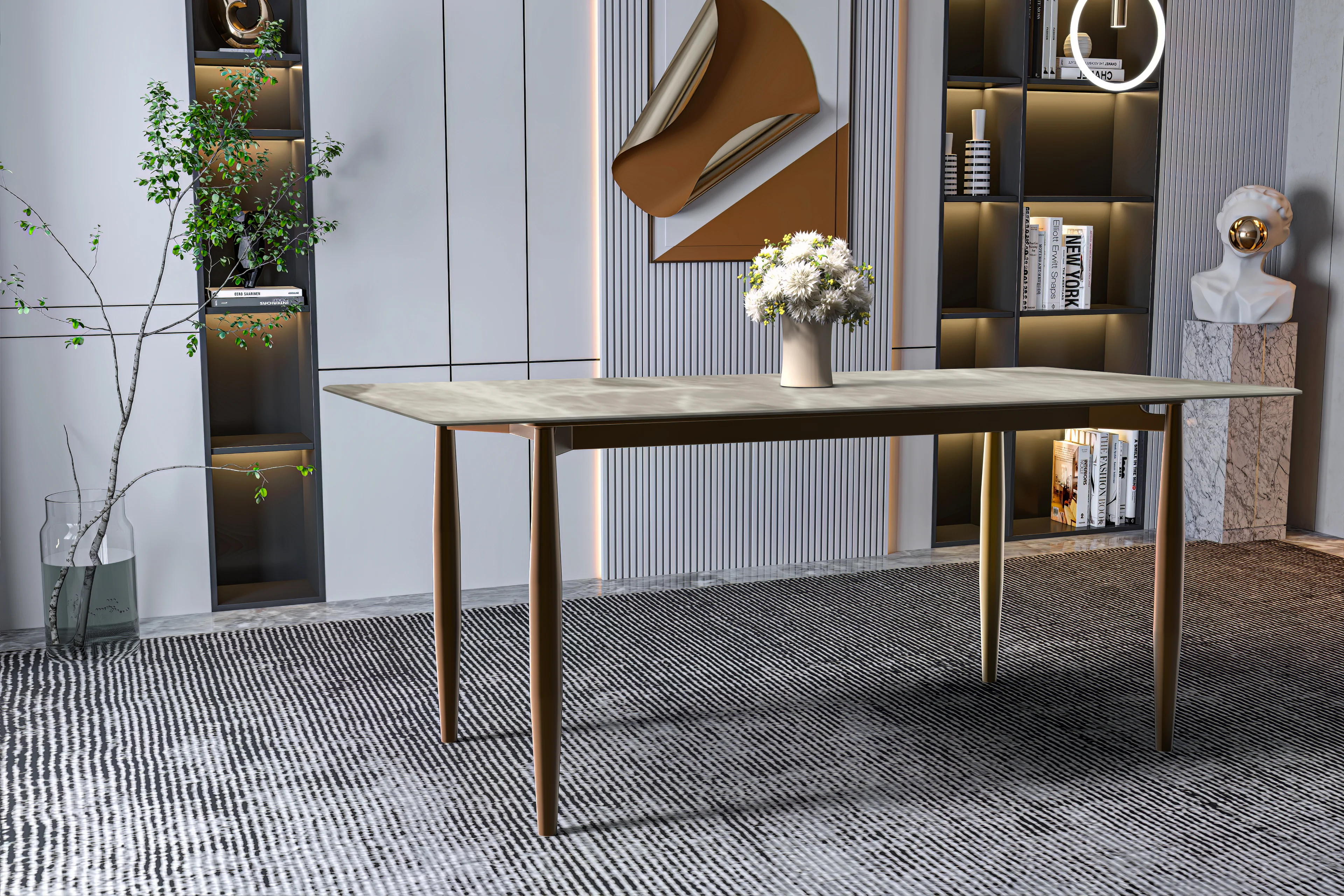 Zinti Series Modern Dining Table Bronze Base, With 71" Deep Grey Sintered Stone Top