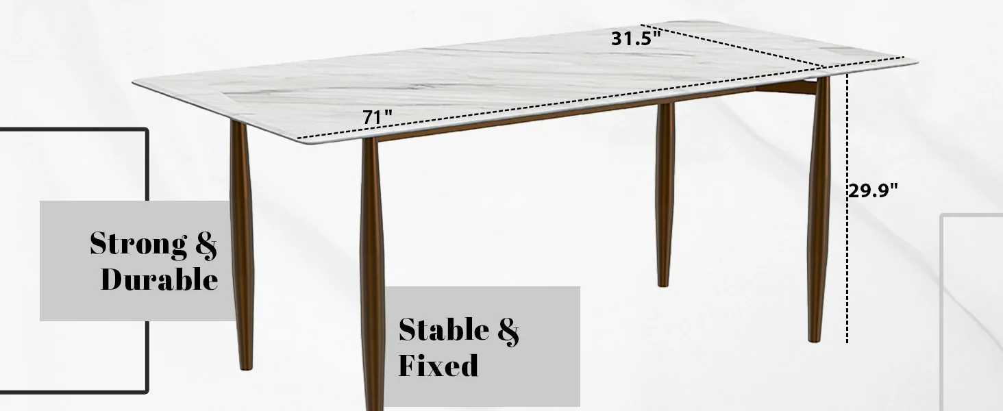 Zinti Series Modern Dining Table Bronze Base, With 71" White Sintered Stone Top