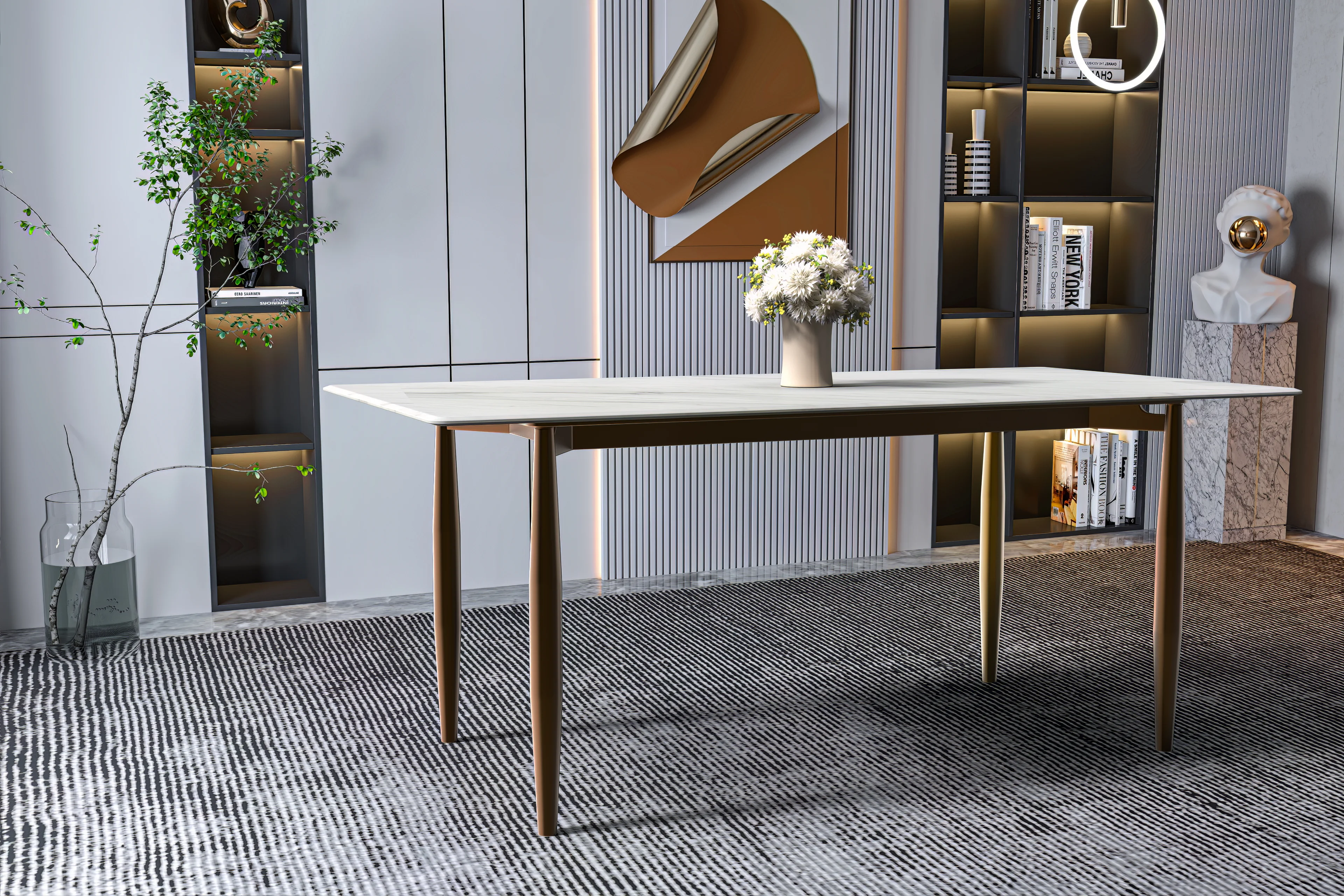 Zinti Series Modern Dining Table Bronze Base, With 71" White Sintered Stone Top