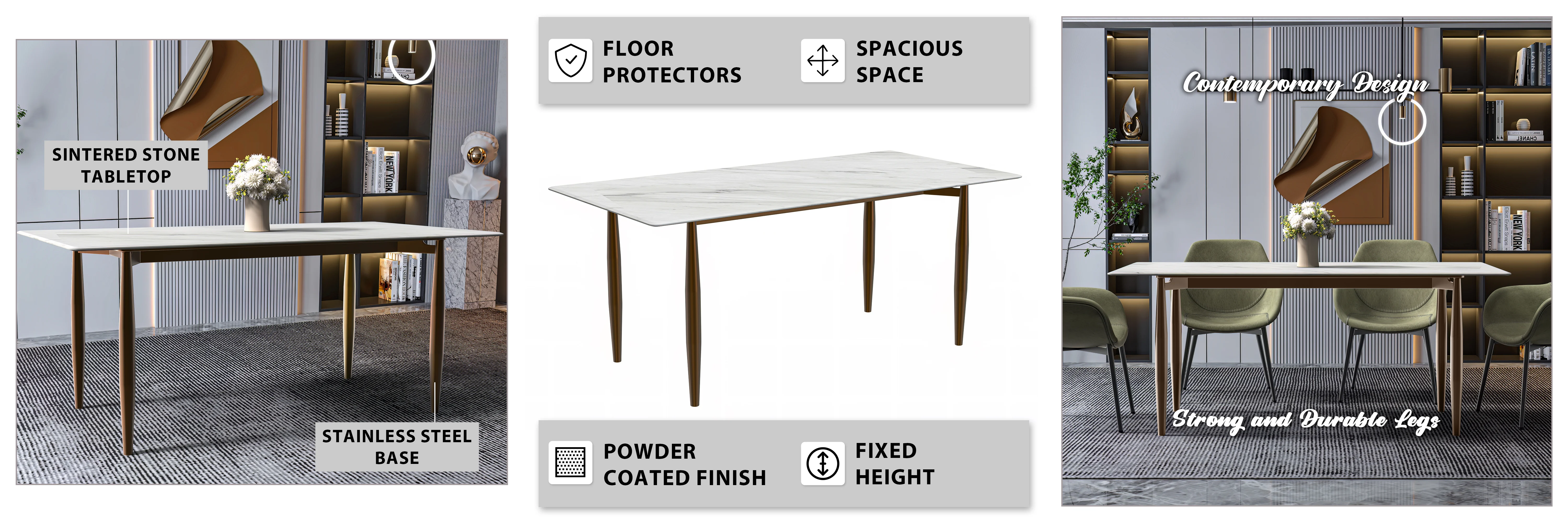 Zinti Series Modern Dining Table Bronze Base, With 71" White Sintered Stone Top