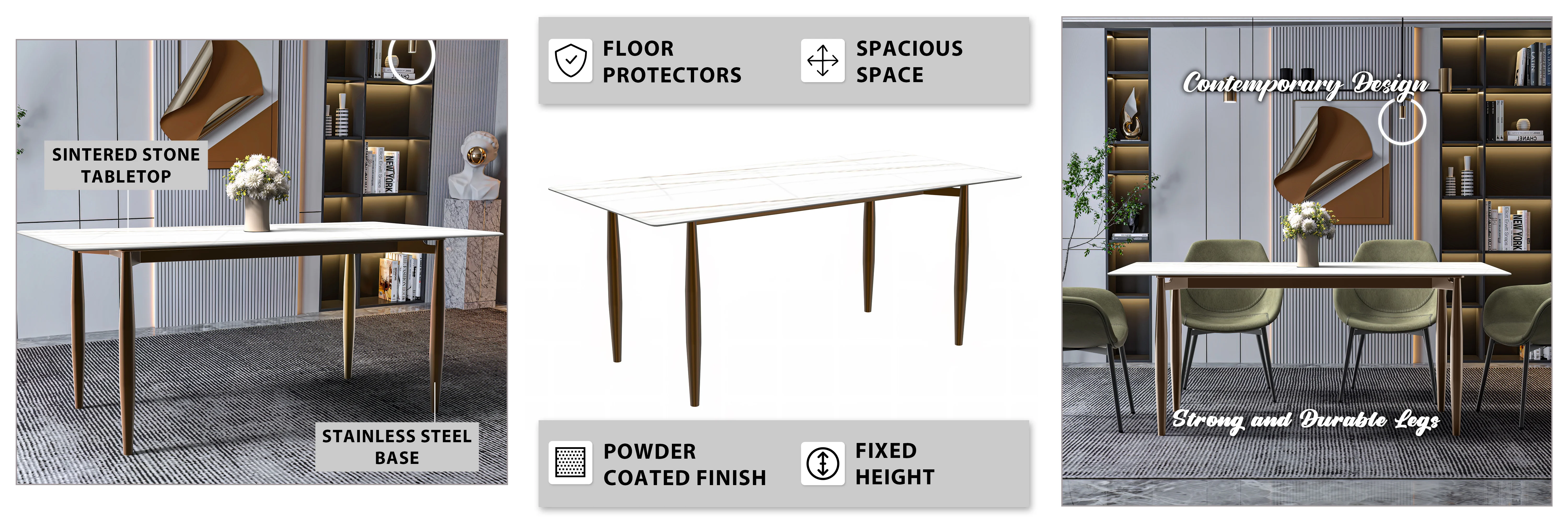 Zinti Series Modern Dining Table Bronze Base, With 71" White/Gold Sintered Stone Top