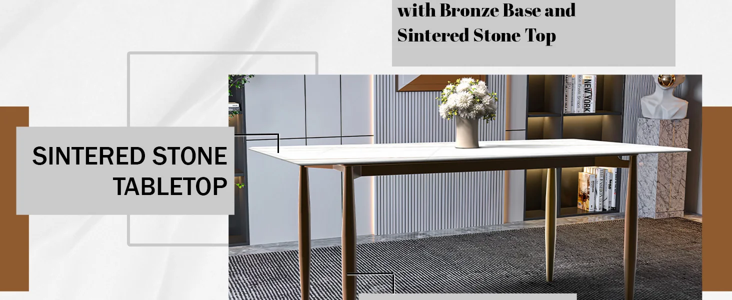 Zinti Series Modern Dining Table Bronze Base, With 71" White/Gold Sintered Stone Top